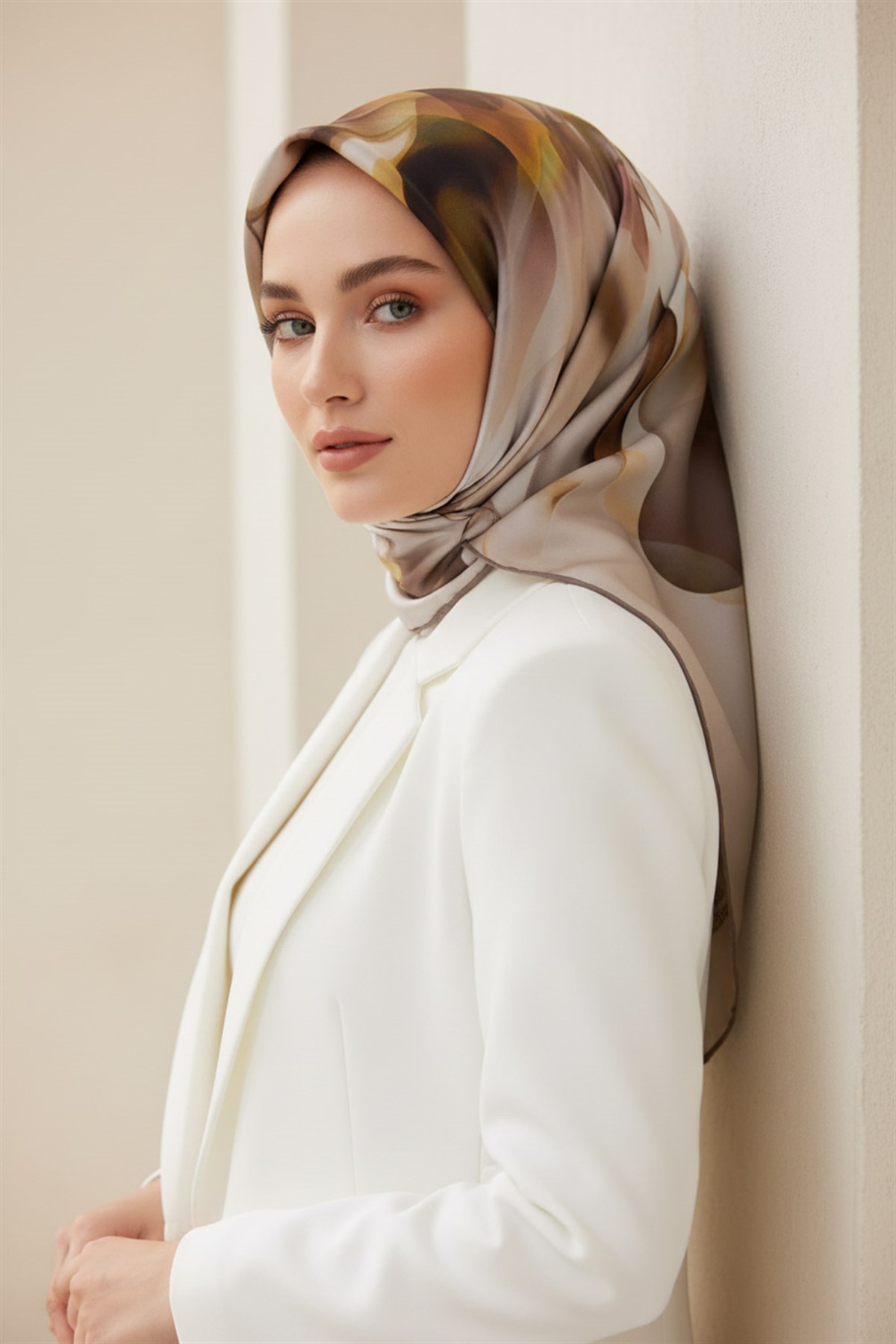 %100 Twill İpek Büyük Çiçek Desenli Bej - Gül Kurusu Renkli 90x90 Eşarp Dikim Şekli : El Dikişi