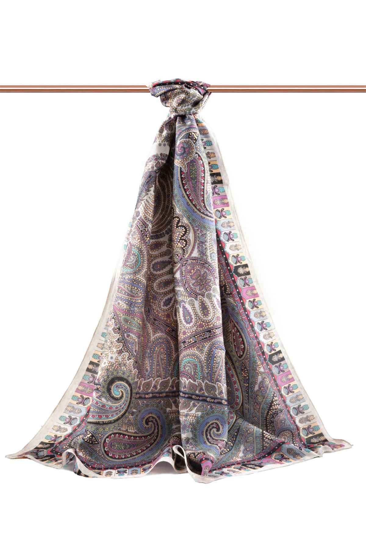 100% İPEK ETRO DESENLİ BEJ - SAKS RENKLİ ŞAL