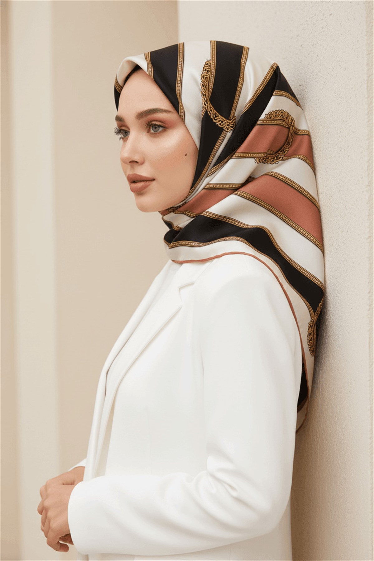 %100 Twill İpek Kemer Desenli Siyah - Sütlükahverengi Renkli 90x90 Eşarp Dikim Şekli : El Dikişi