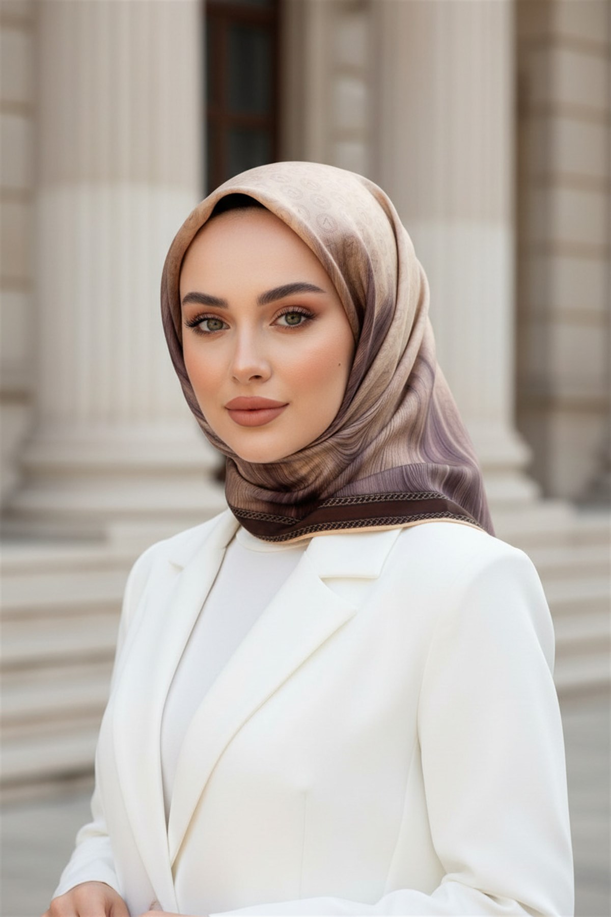 100% Twill İpek Monogram Desenli Bej Renkli 90x90 Dikim Şekli : El Dikişi Eşarp