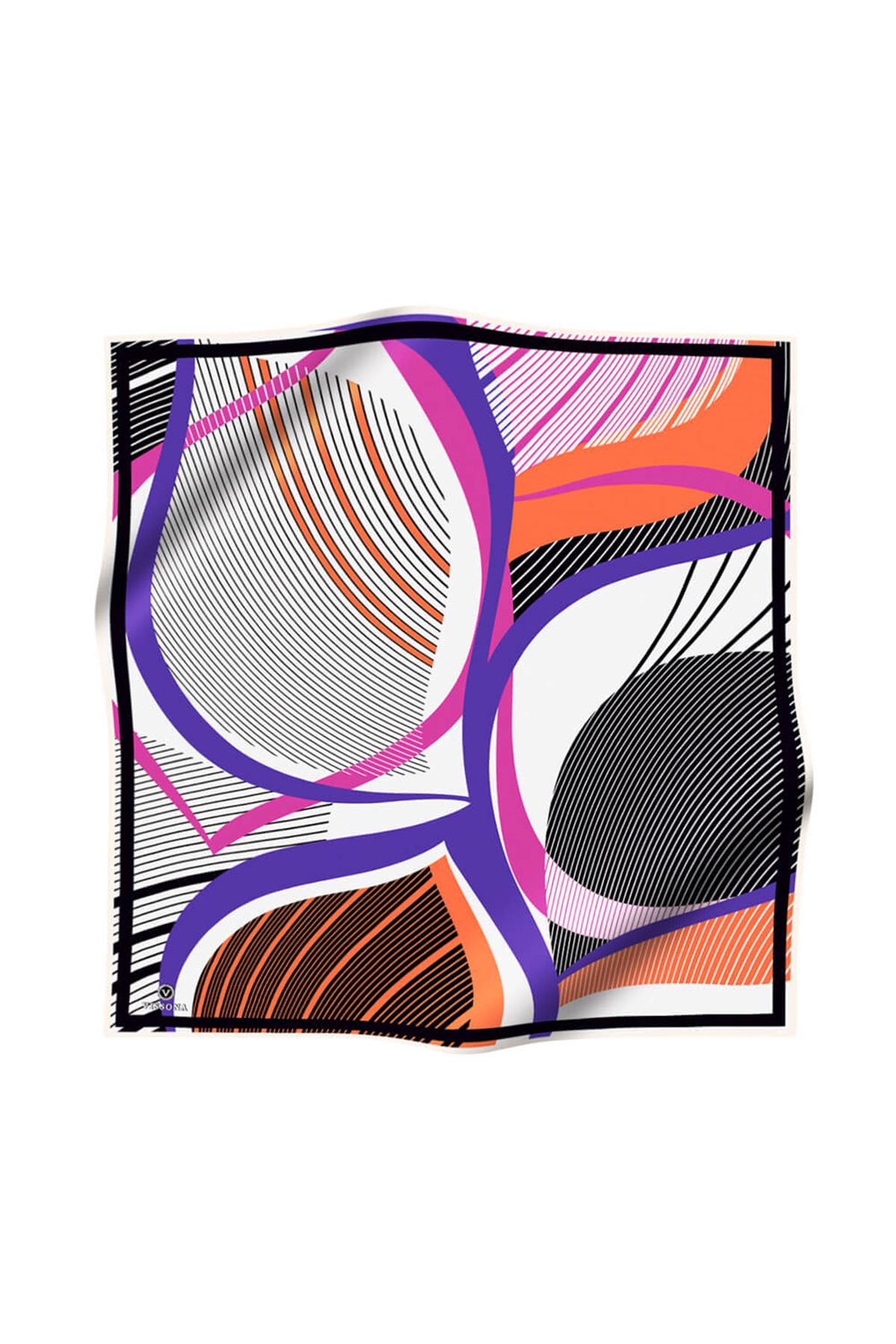 %100 Twill İpek Çizgili Geometrik Desenli Beyaz - Mor Renkli 90x90 Eşarp Dikim Şekli : El Dikişi