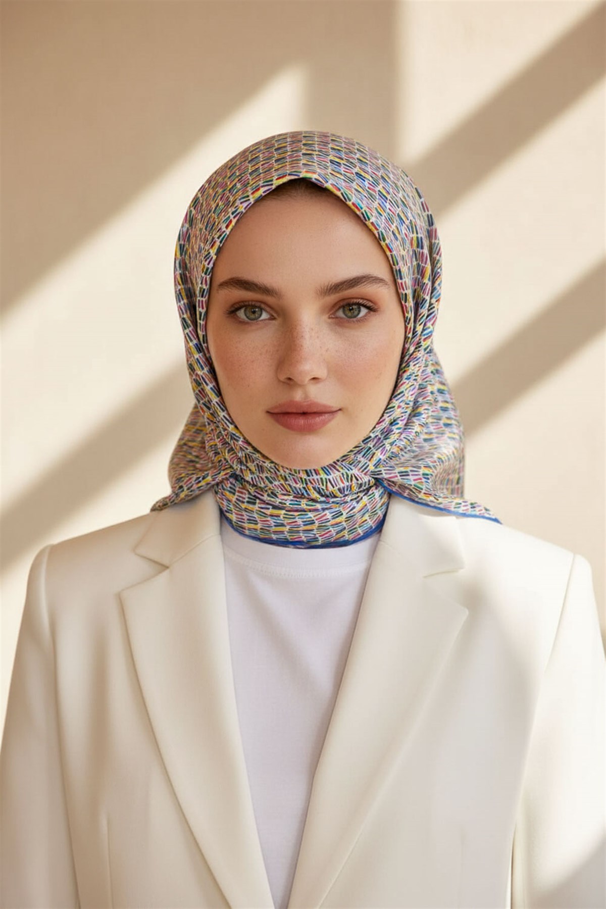 %100 Twill İpek Çizgi Desenli Saks Renkli 90x90 Eşarp Dikim Şekli : El Dikişi