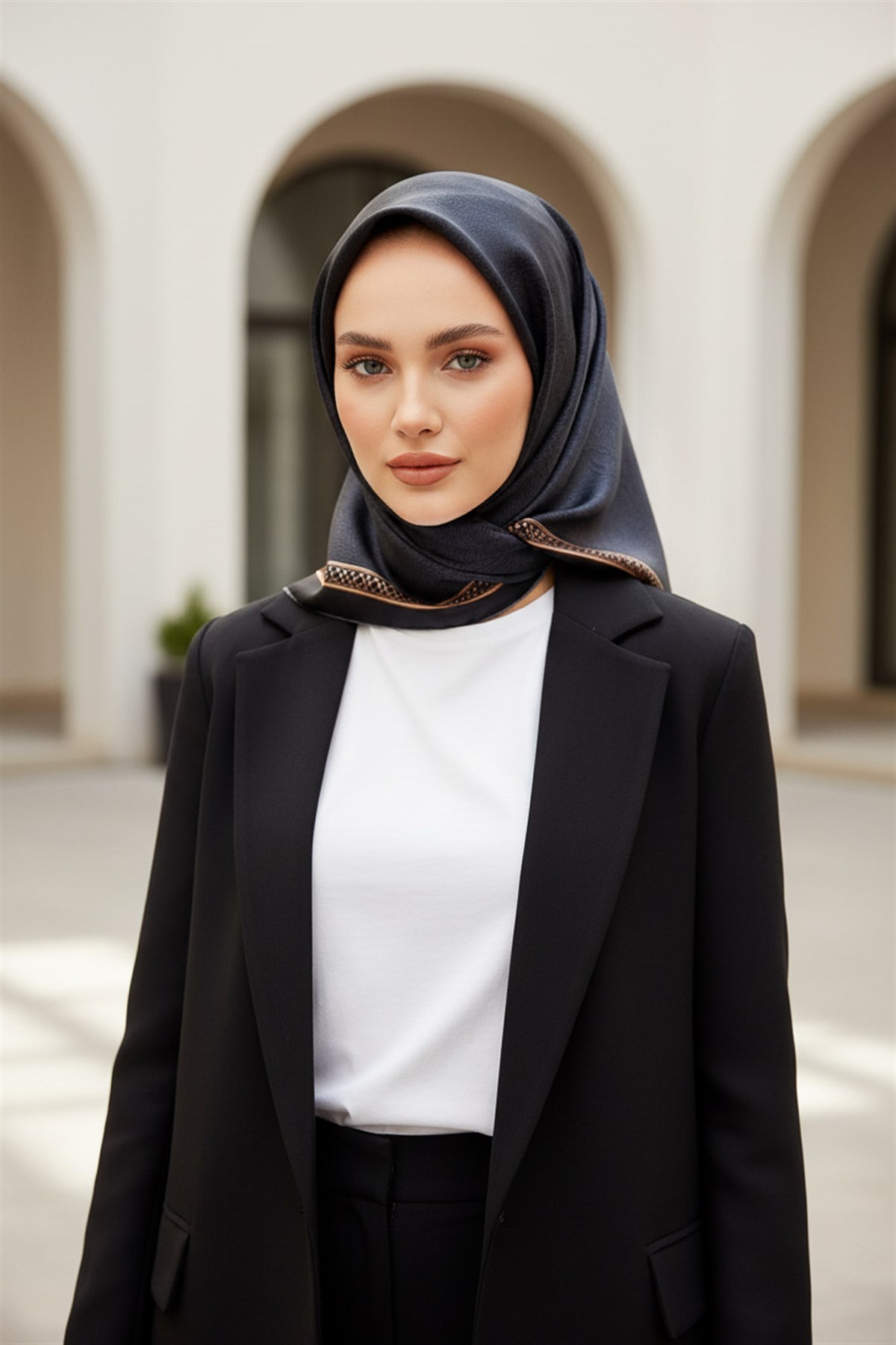 %100 Twill Barok Desenli Siyah Renkli 90x90 Eşarp Dikim Şekli: El Dikişi