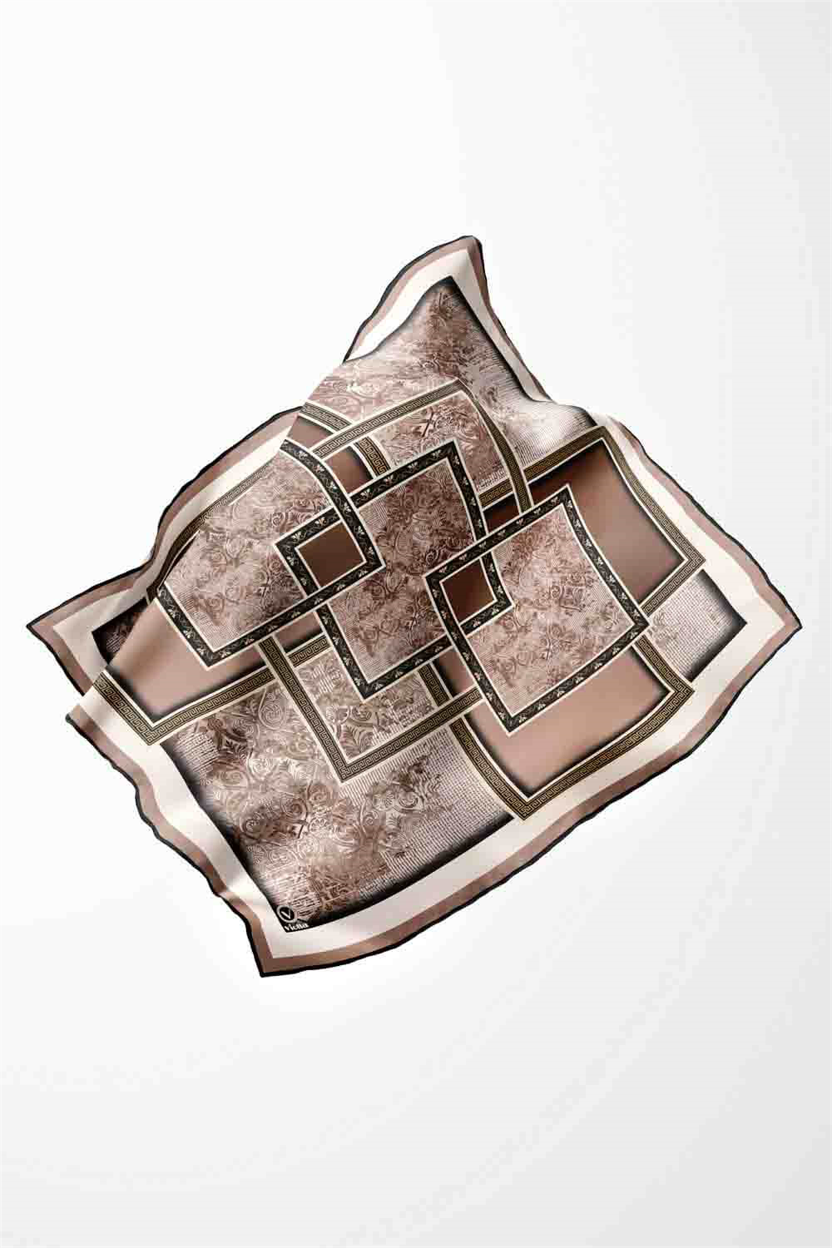 Twill Geometrik Desenli Vizon Renkli 90x90 Eşarp (İpek İçermez) Kenar Dikiş Şekli El Dikişli