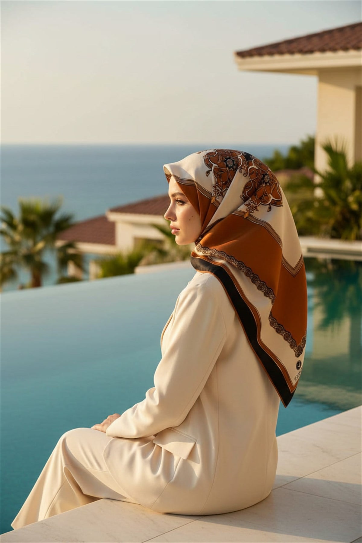 %100 Twill Barok Desenli Taba - Siyah Renkli 90x90 Eşarp Dikim Şekli: El Dikişi