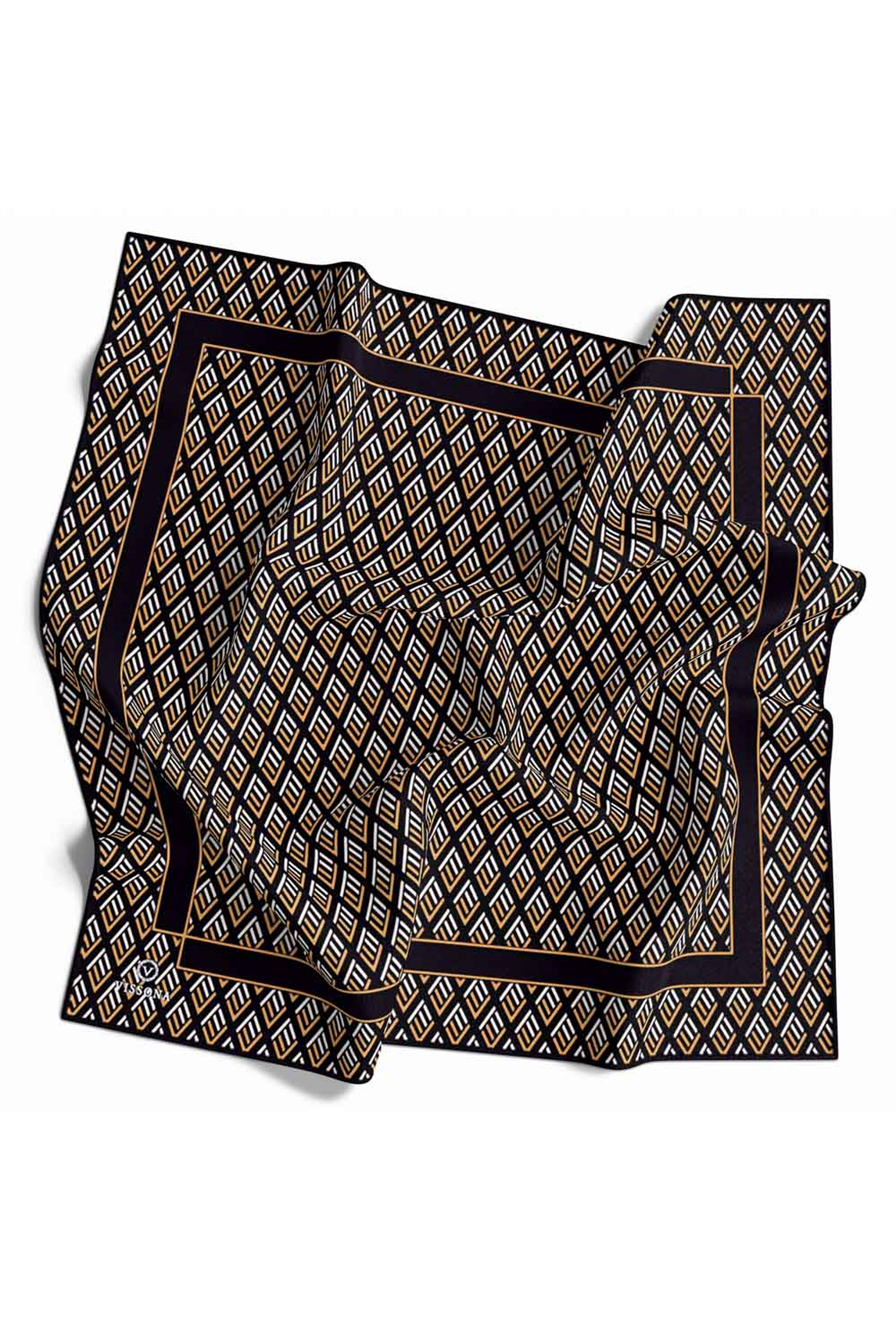 % 57 İPEK % 43 VİSKON Twill İpek Geometrik Desenli Siyah - Gold Renkli 90x90 Eşarp Dikim Şekli : El Dikişi