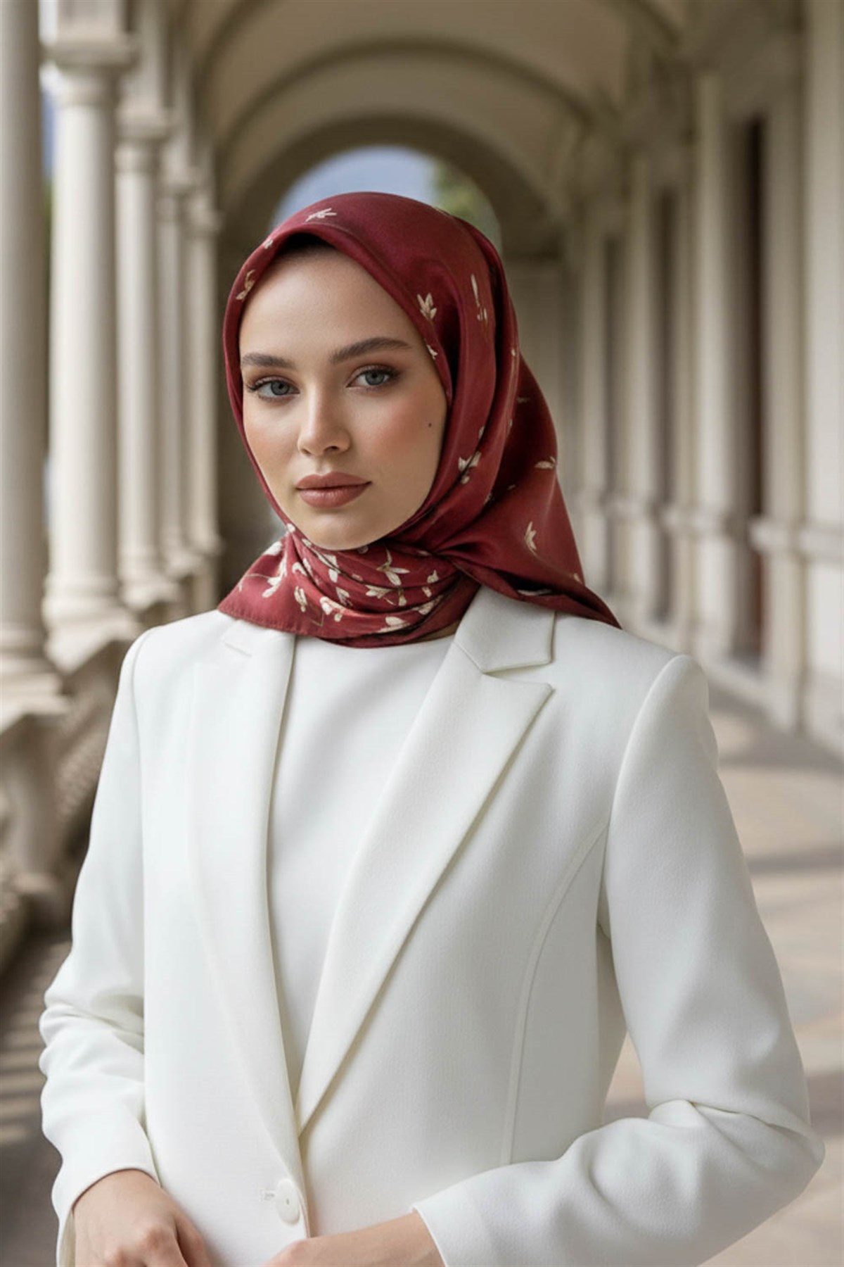 %100 Twill İpek Çiçek Desenli Bordo Renkli 90x90 Eşarp Dikim Şekli : El Dikişi