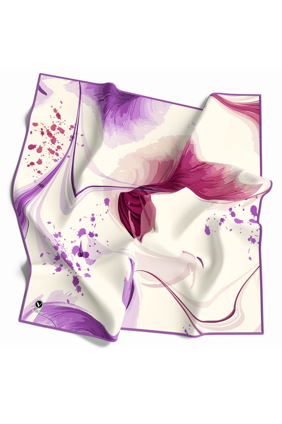 Twill Dalga Desenli Lila Renkli 90x90 Eşarp (İpek İçermez) Kenar Dikiş Şekli El Dikişli
