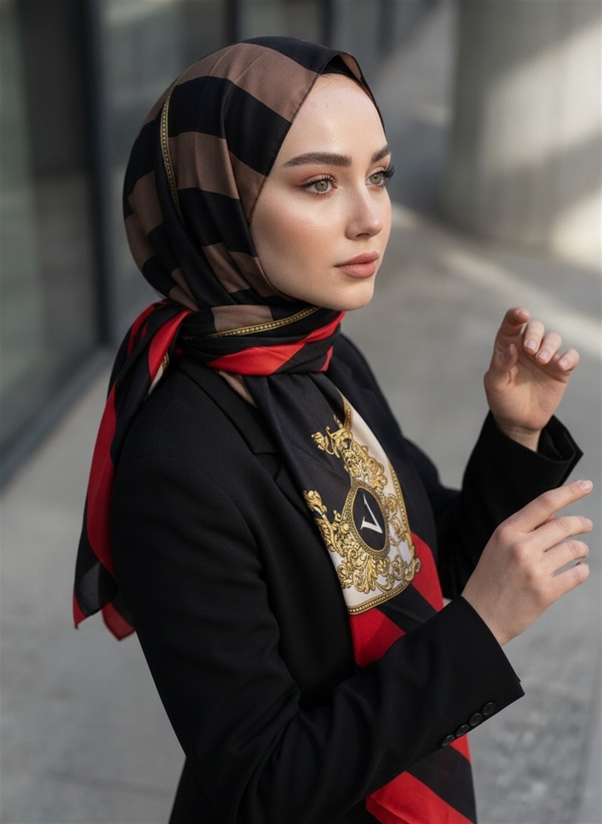 %100 Saf İpek Şal İnce Saten Vual Dokuma Şerit Ve Varak Desenli Kırmızı - Siyah Renkli 90x210 Şal