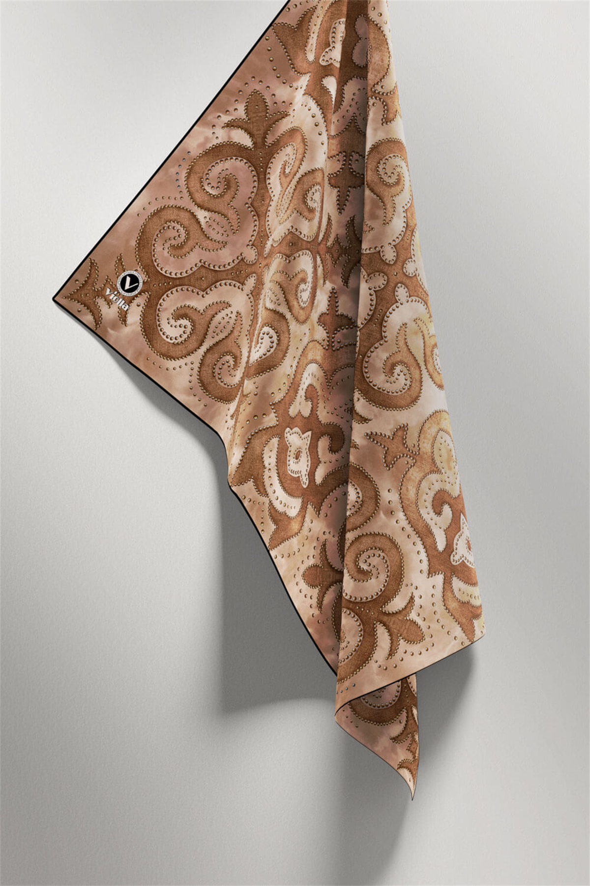 Twill Barok Desenli Bej Renkli 90x90 Eşarp (İpek İçermez) Kenar Dikiş Şekli El Dikişli