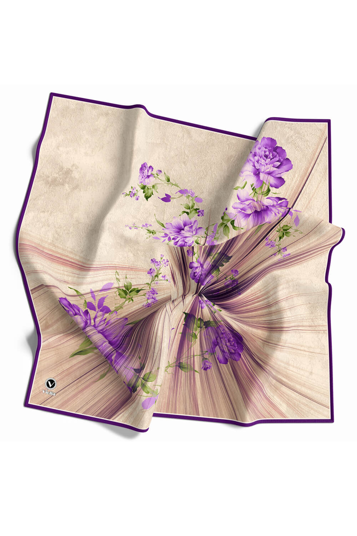 Twill Çiçekli Desenli Mor Renkli 90x90 Eşarp (İpek İçermez) Kenar Dikiş Şekli El Dikişli