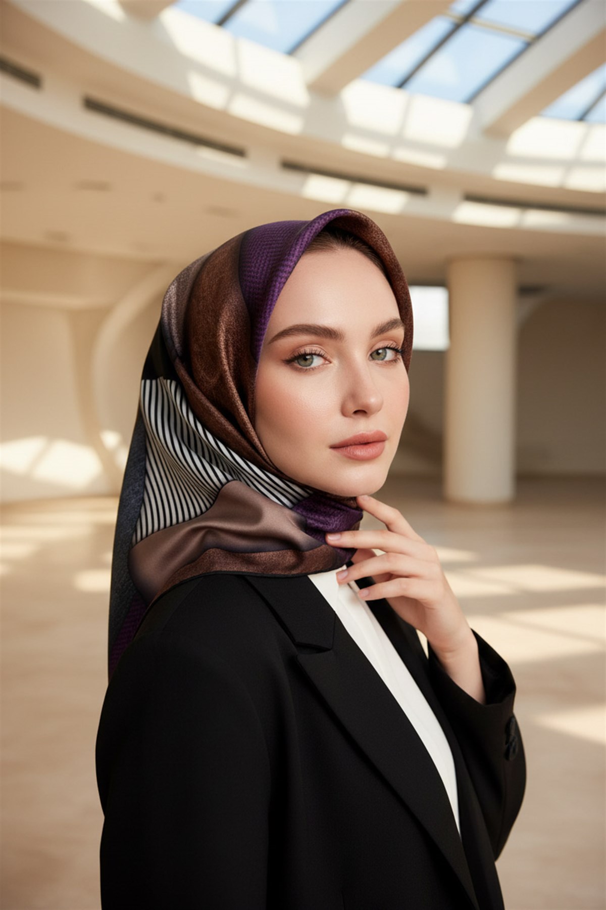 %100 Twill İpek Dokulu ve Geometrik Desenli Mürdüm - Vizon Renkli 90x90 Eşarp Dikim Şekli : El Dikişi