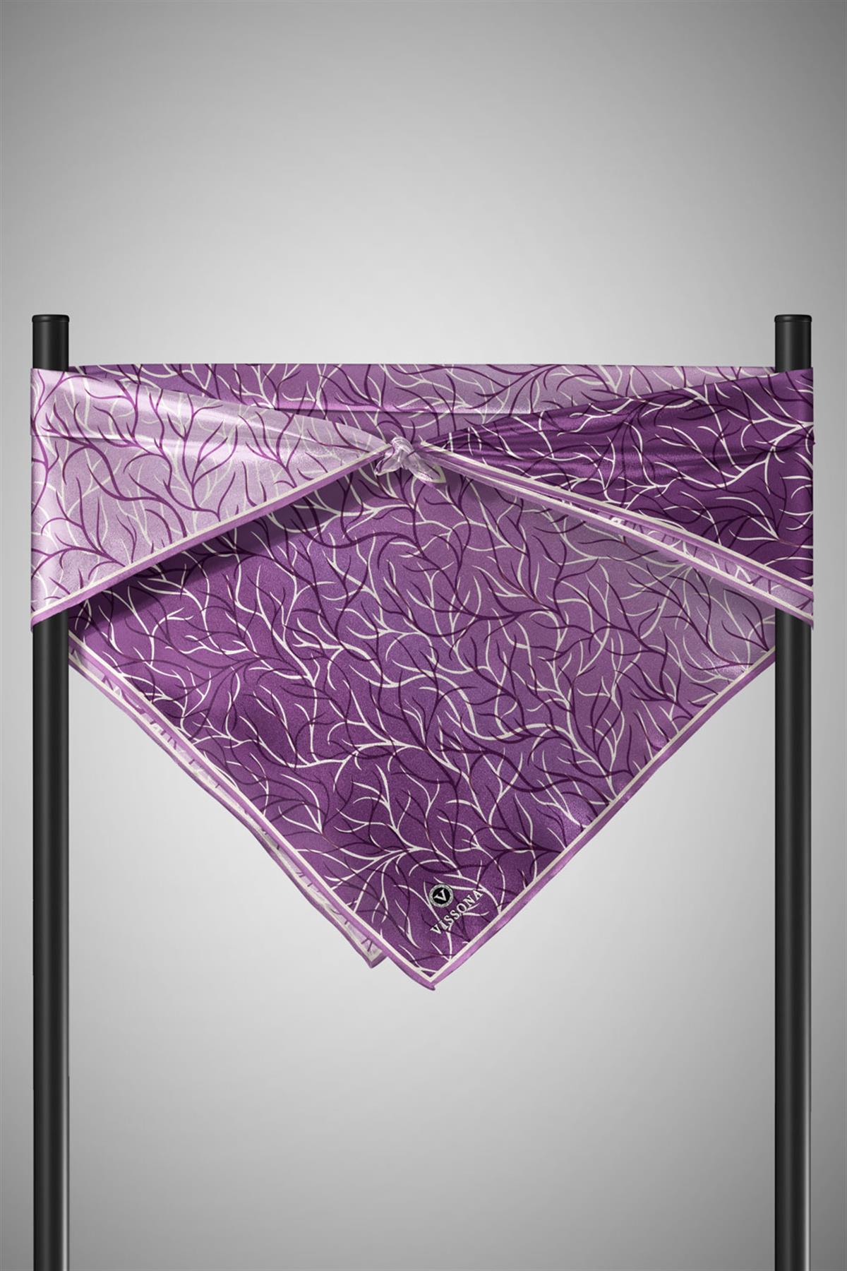 %100 Twill İpek Degrade Desenli Lila Renkli 90x90 Eşarp Dikim Şekli : El Dikişi