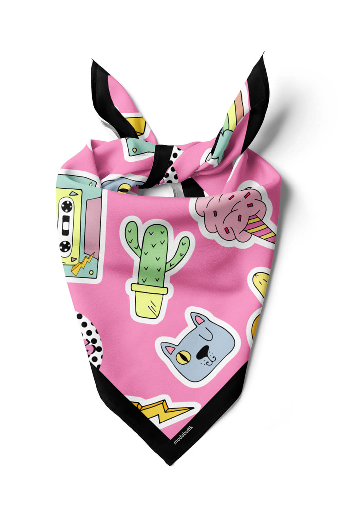 B75 Kadın Seda Desenli Bandana 50x50 Pembe DG0361-22 Snz