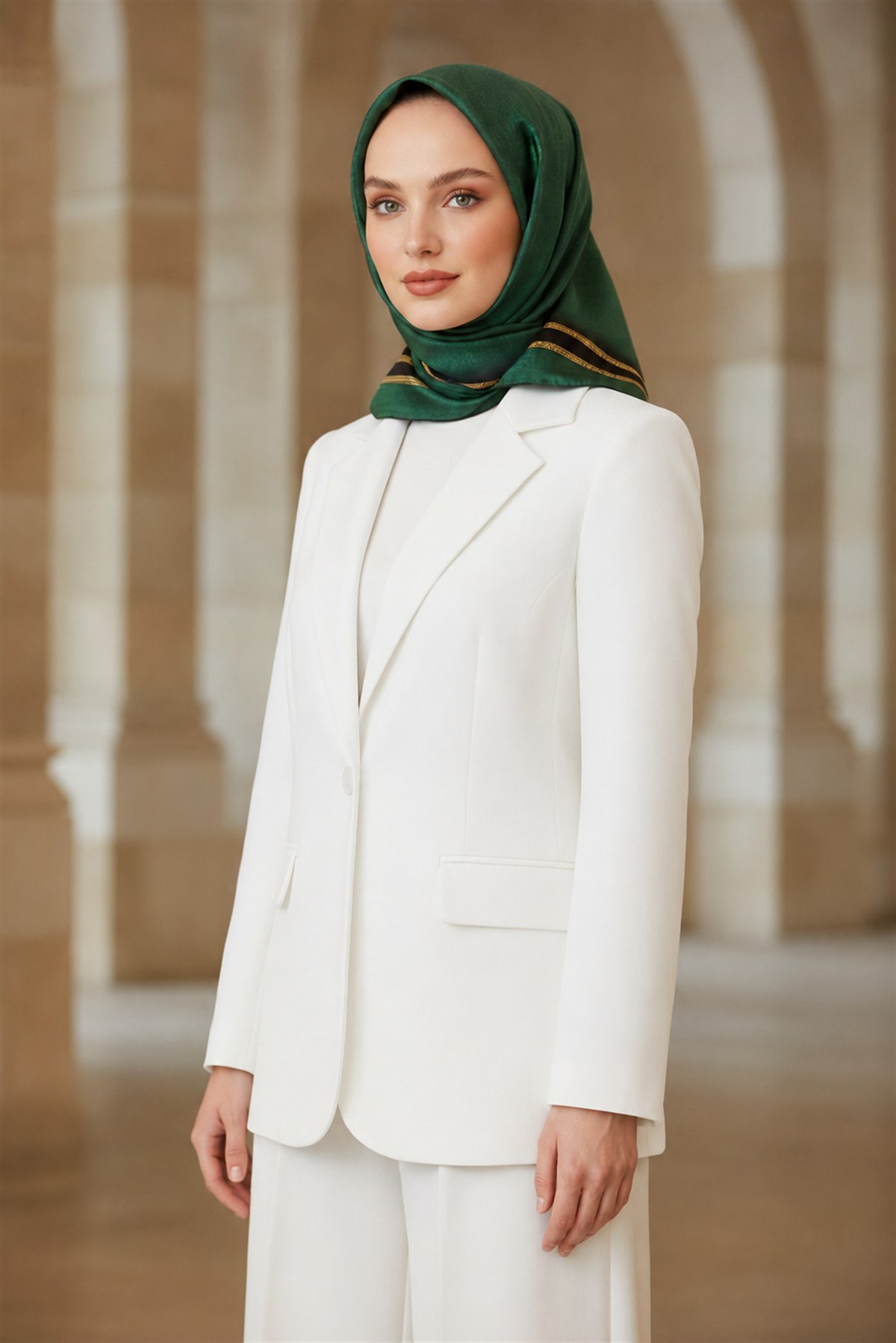 % 57 İPEK % 43 VİSKON Twill İpek Dokulu Şerit Desenli Siyah - Zümrüt Yeşili Renkli 90x90 Eşarp Dikim Şekli : El Dikişi