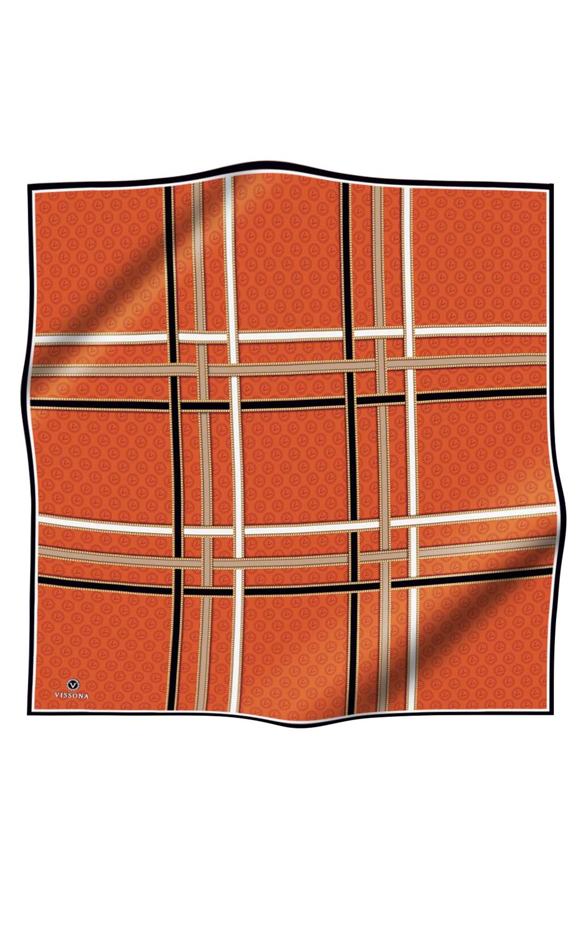 %100 Twill İpek Gold Şeritli Monogram Desenli Taba - Siyah Renkli 90x90 Eşarp Dikim Şekli : El Dikişi
