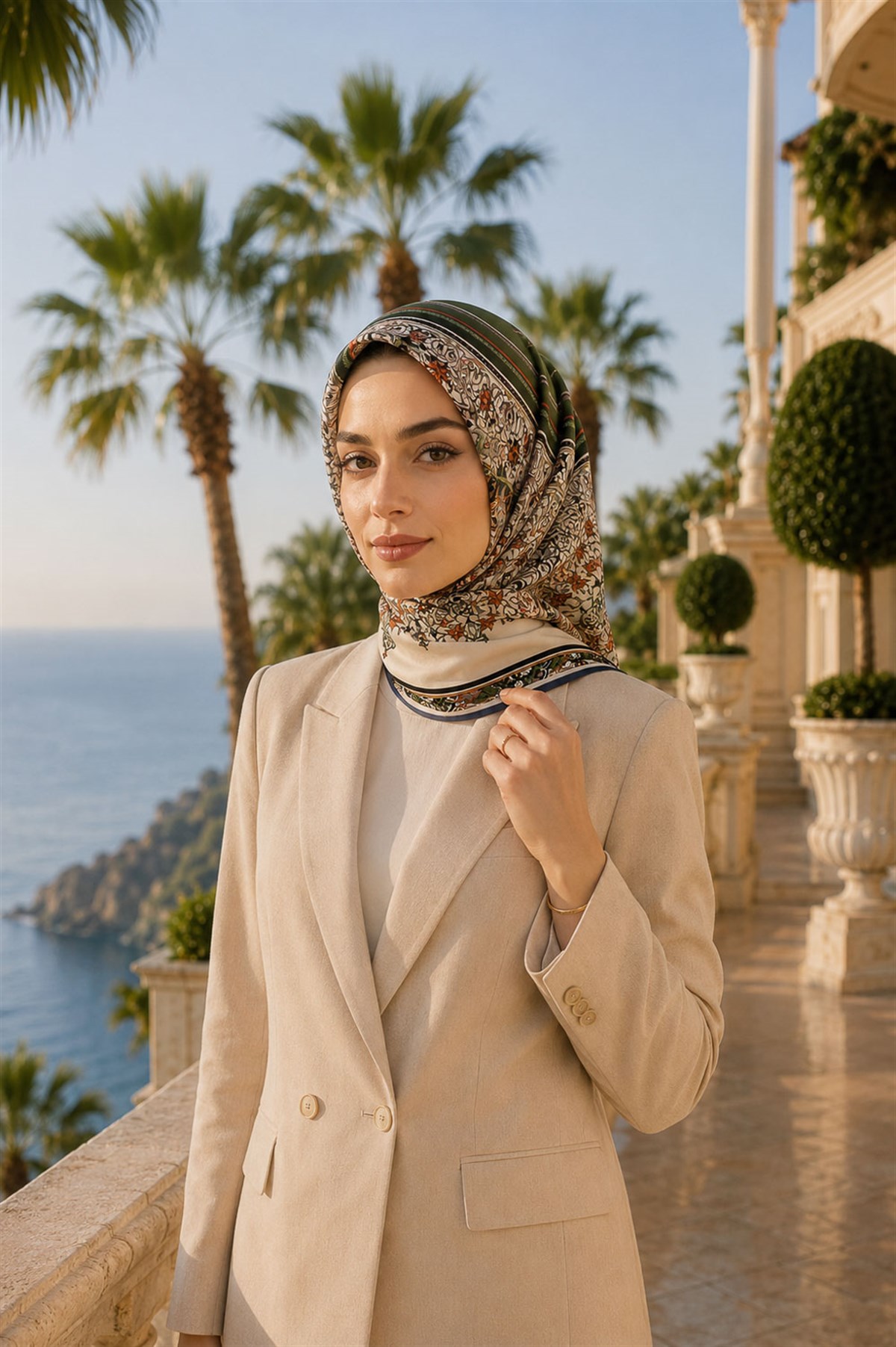 %100 Twill İpek Şal Desenli Haki Renkli 90x90 Eşarp Dikim Şekli : El Dikişi
