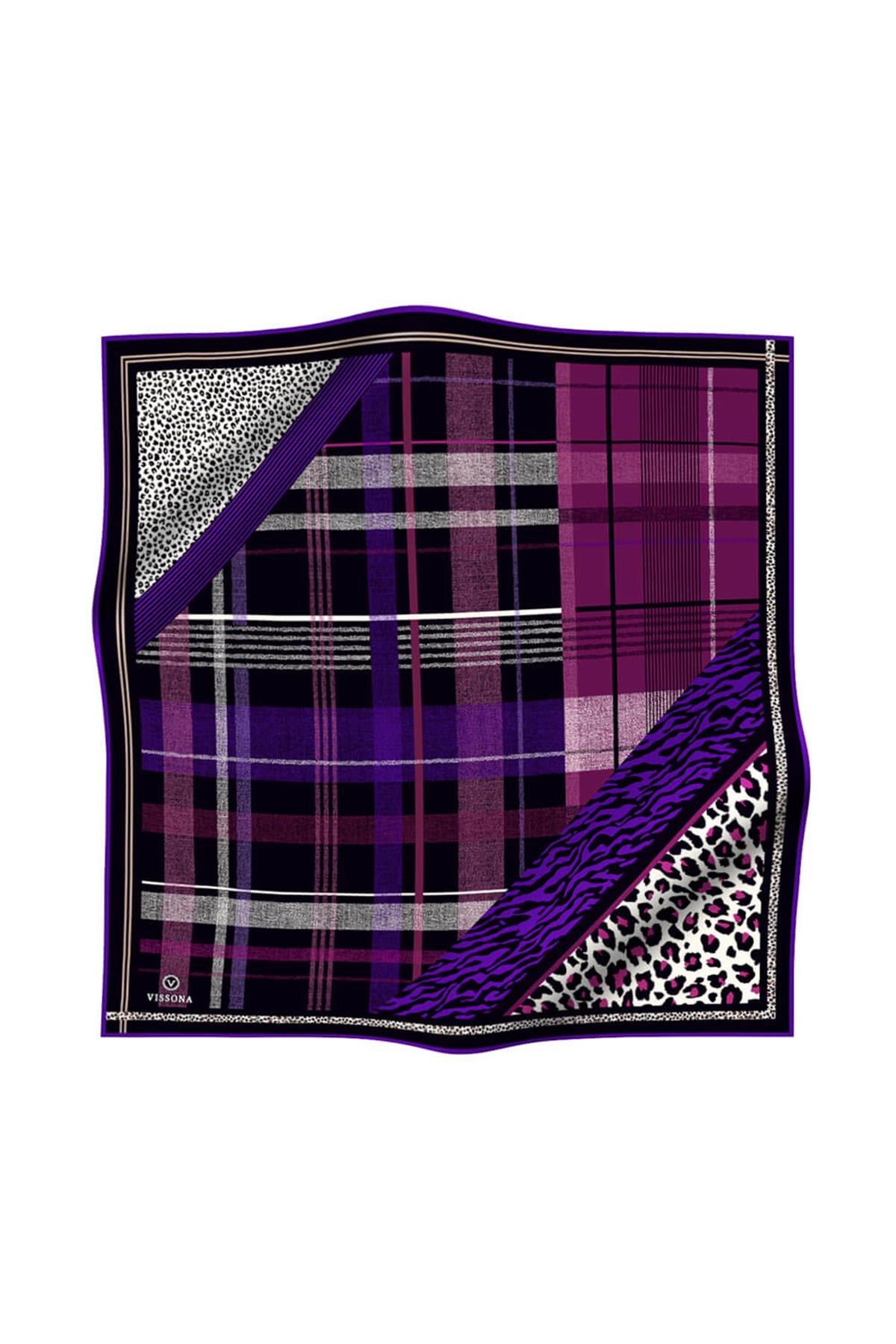 %100 Twill İpek Ekoseli Ve Leopar Desenli Siyah - Mor Renkli 90x90 Eşarp Dikim Şekli : El Dikişi
