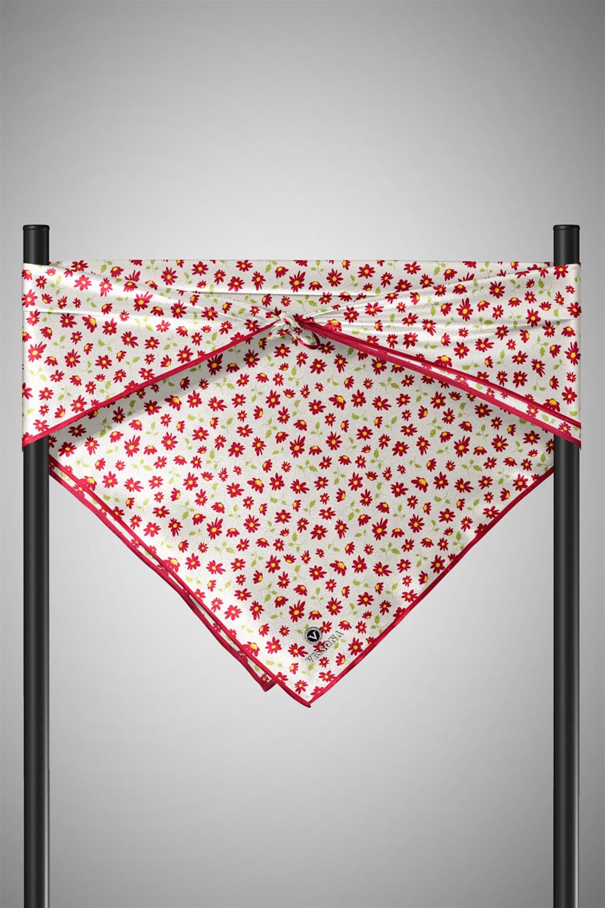 %100 Twill İpek Papatya Desenli Krem - Kırmızı Renkli 90x90 Eşarp Dikim Şekli : El Dikişi