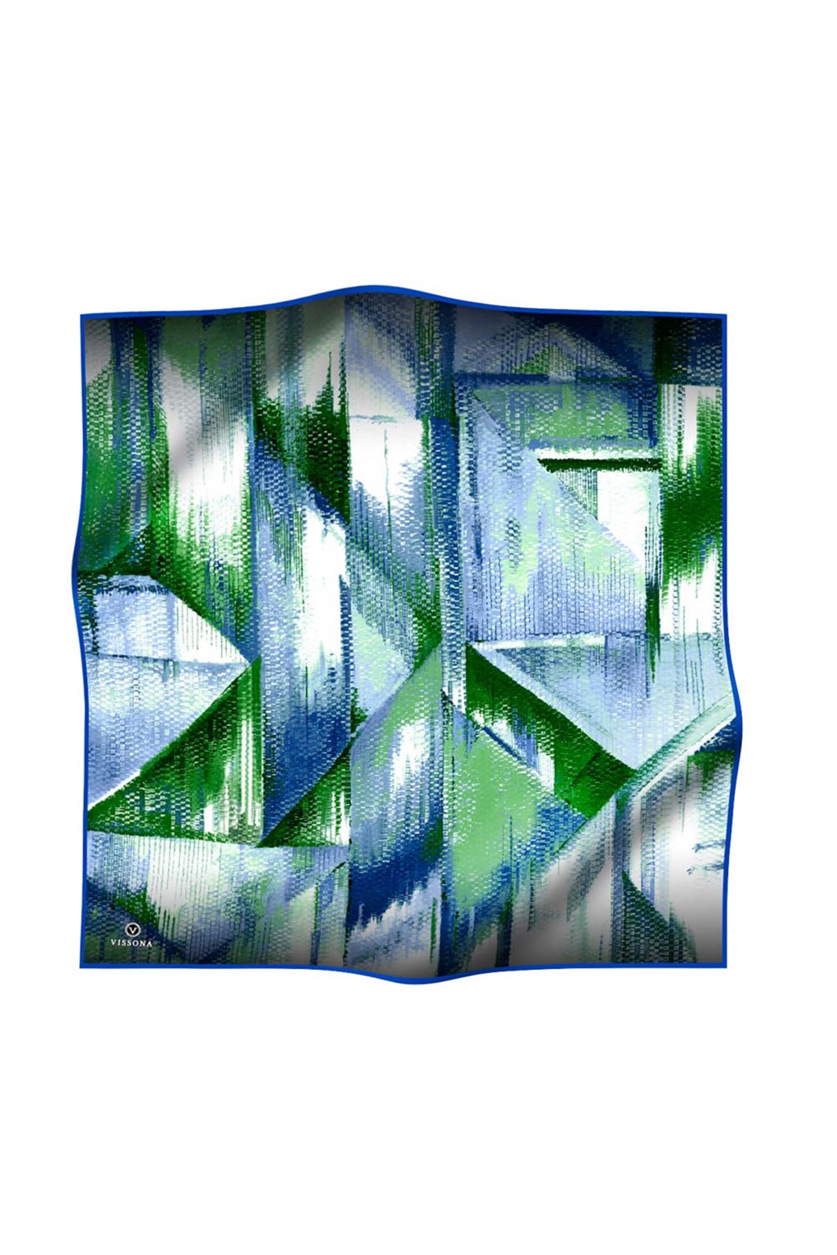 %100 Twill İpek Efektli ve Geometrik Desenli Fıstık Yeşili - Saks Renkli 90x90 Eşarp Dikim Şekli : El Dikişi