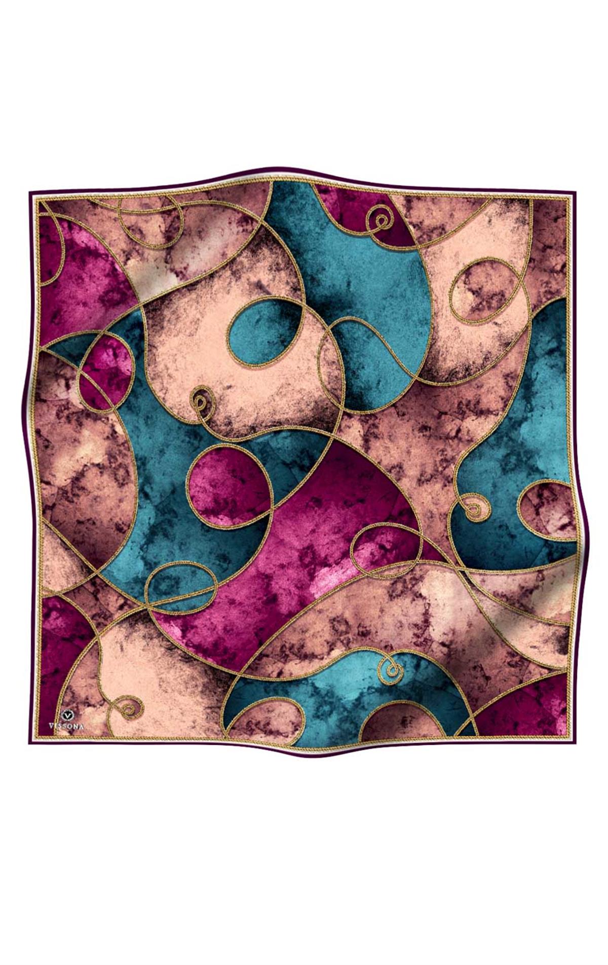 %100 Twill İpek Zincirli Mermer Desenli Mürdüm - Petrol Mavisi Renkli 90x90 Eşarp Dikim Şekli : El Dikişi