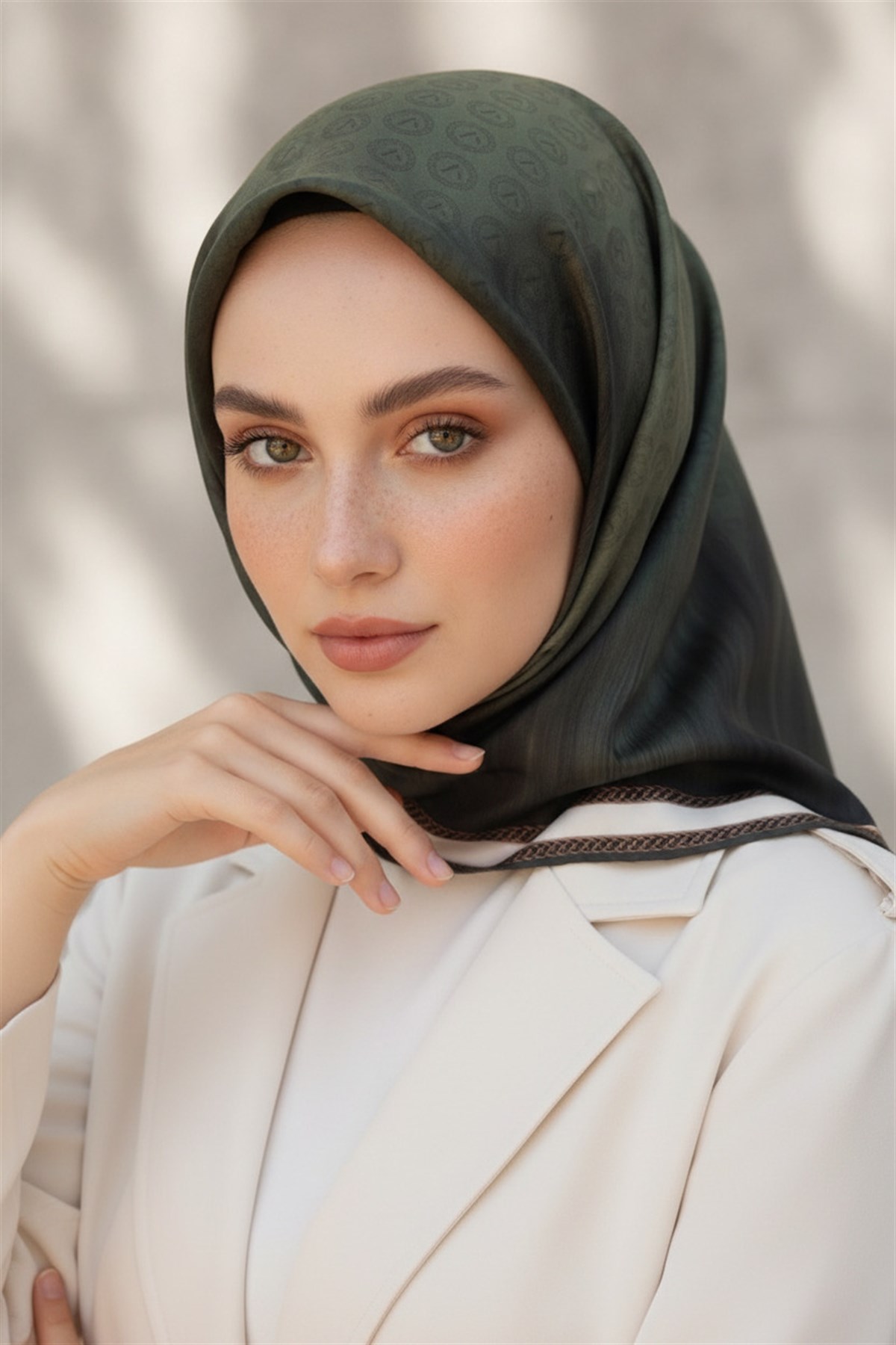 100% Twill İpek Monogram Desenli Haki Renkli 90x90 Dikim Şekli : El Dikişi Eşarp