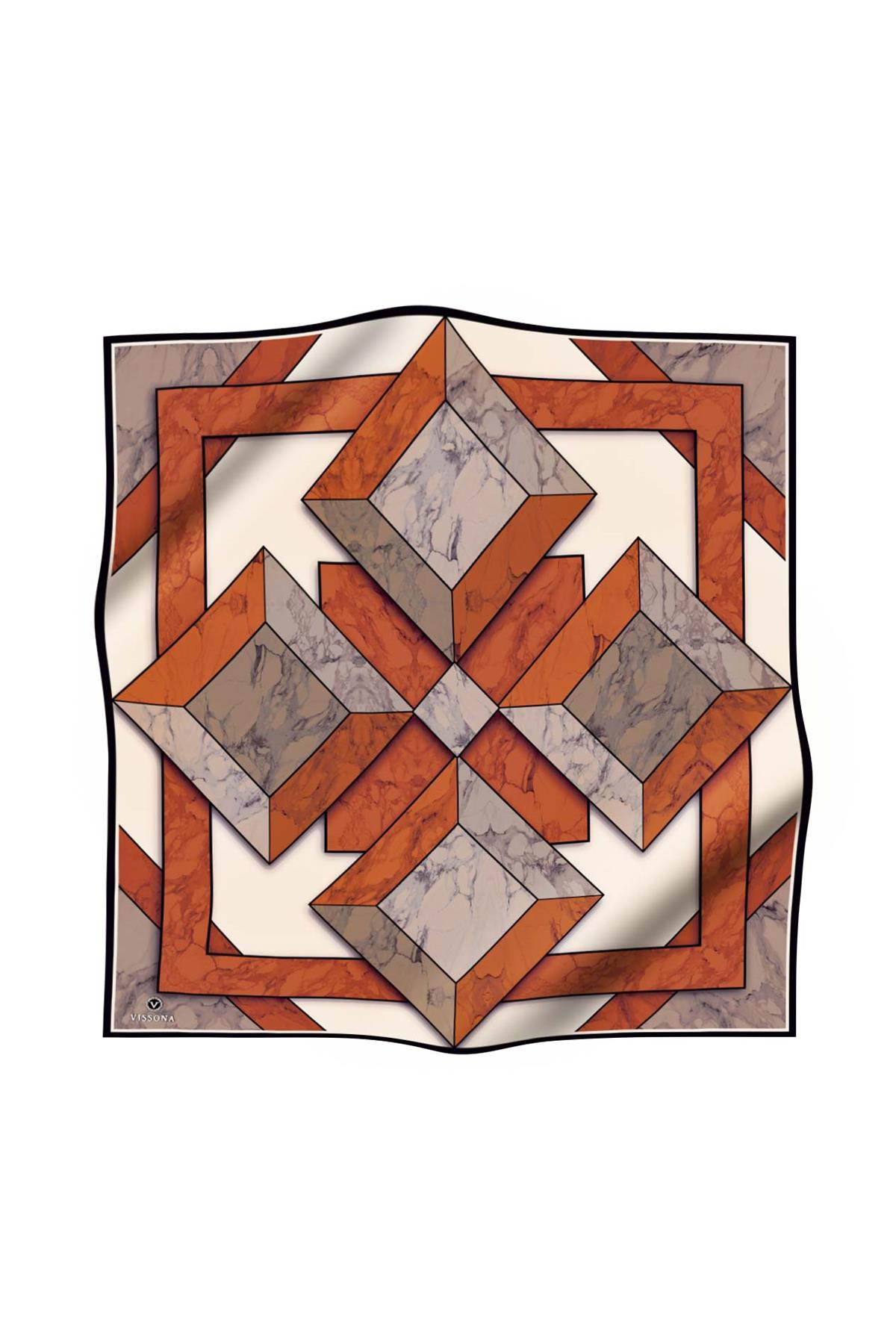 %100 Twill İpek Mermer Desenli Taba - Bej Renkli 90x90 Eşarp Dikim Şekli : El Dikişi