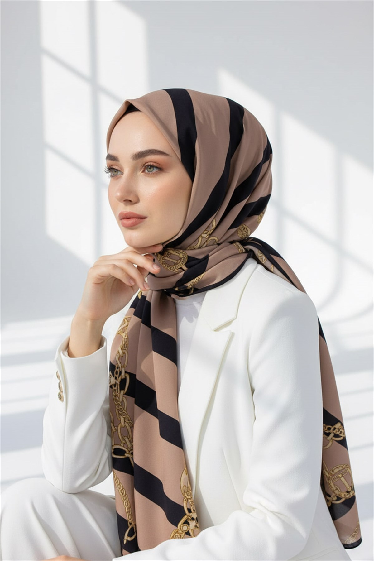 KREP ÇİZGİLİ VE ZİNCİR DESENLİ VİZON - SİYAH RENKLİ 75X195 KIRIŞMAZ ŞAL