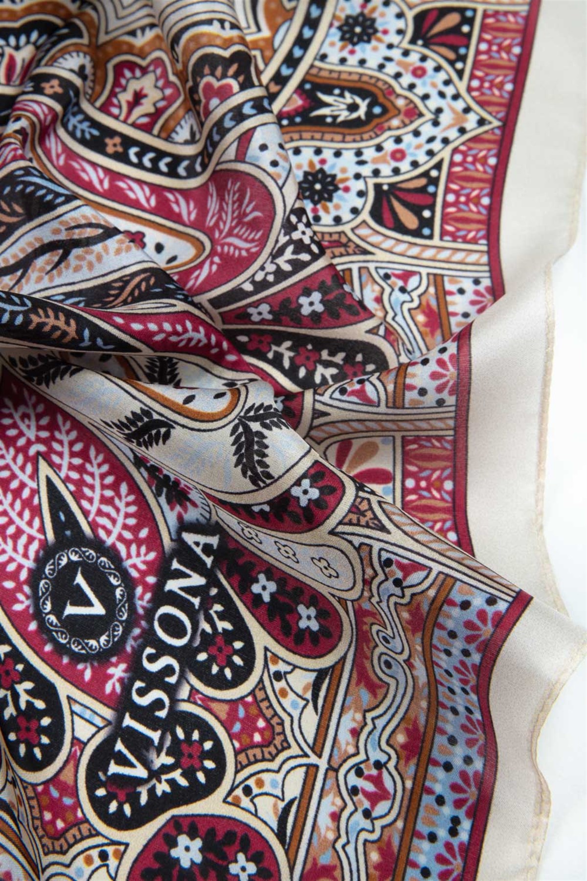 100% İpek Etro Desenli Taş - Bordo Renkli 92x210 Şal