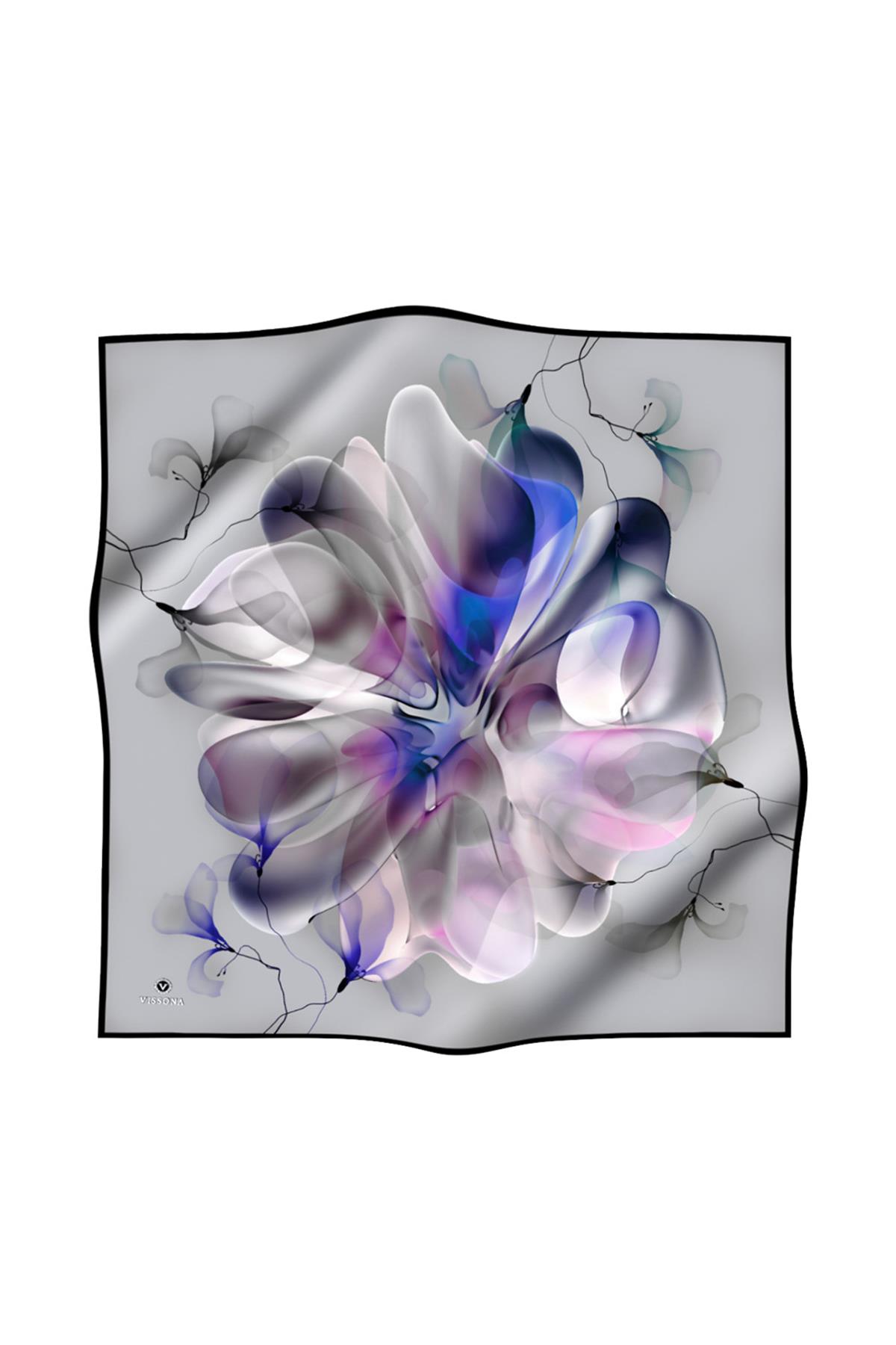 %100 Twill İpek Büyük Çiçek Desenli Gri - Saks Renkli 90x90 Eşarp Dikim Şekli : El Dikişi