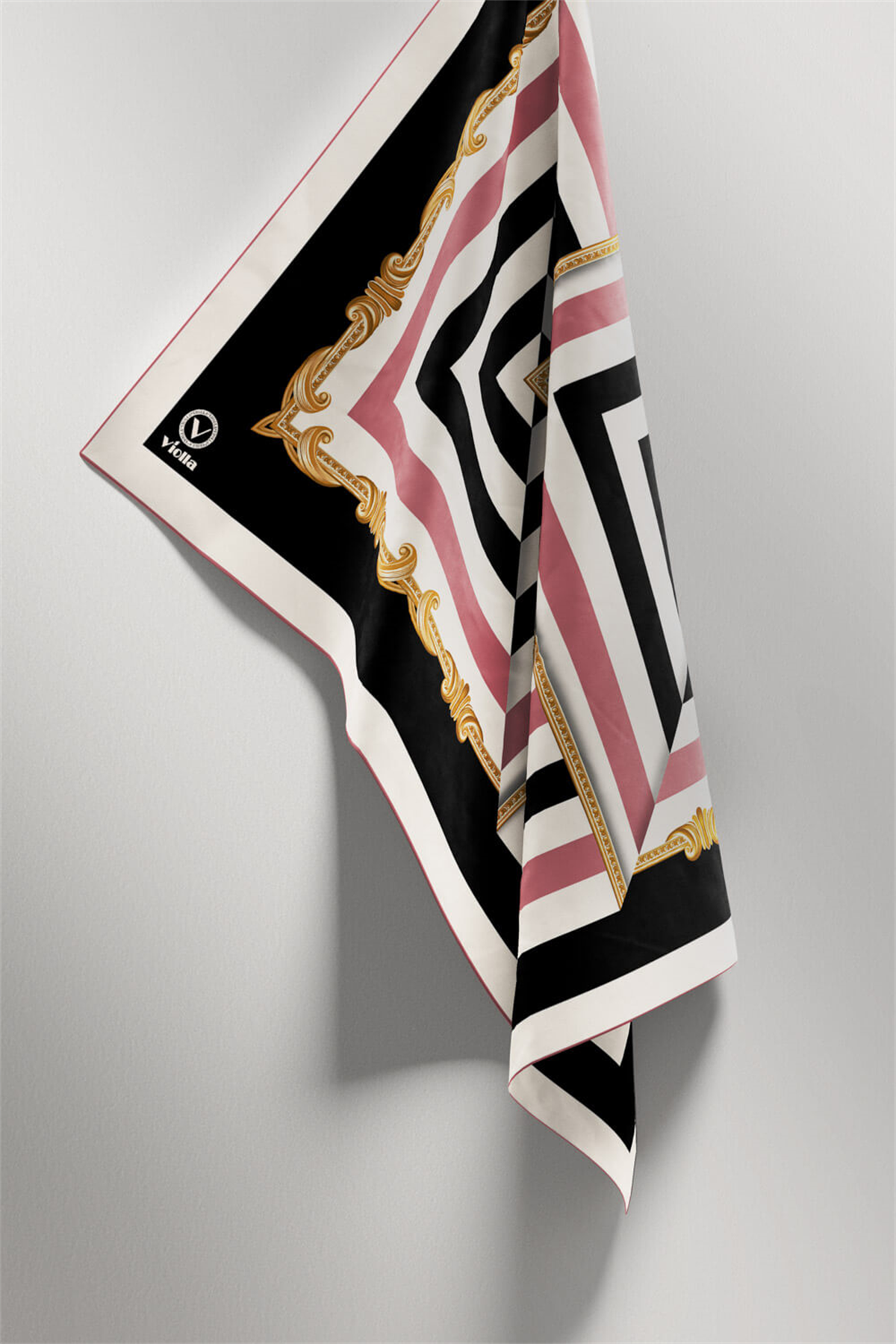 Twill Geometrik Desenli Pudra Renkli 90x90 Eşarp (İpek İçermez) Kenar Dikiş Şekli El Dikişli