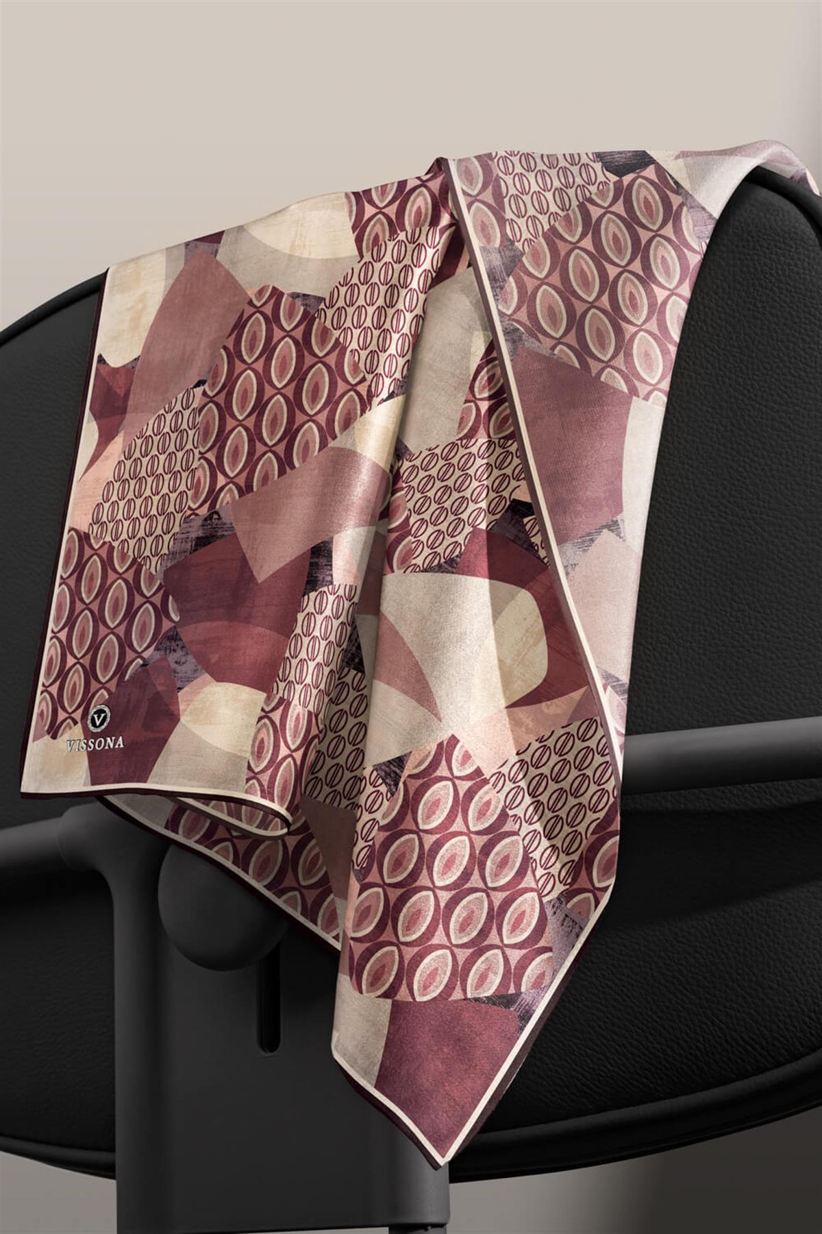 %100 Twill İpek Geometrik Desenli Gül Kurusu - Vizon Renkli 90x90 Eşarp Eşarp Kenar Dikiş Şekli El Dikişli