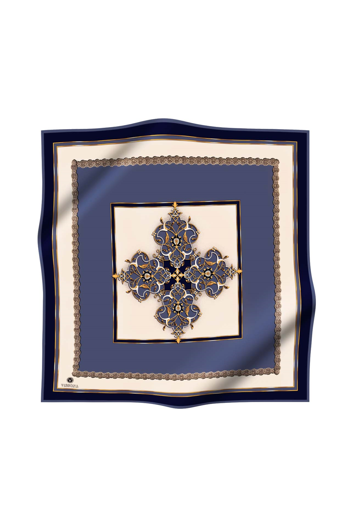 %100 Twill Barok Desenli İndigo - Lacivert Renkli 90x90 Eşarp Dikim Şekli: El Dikişi