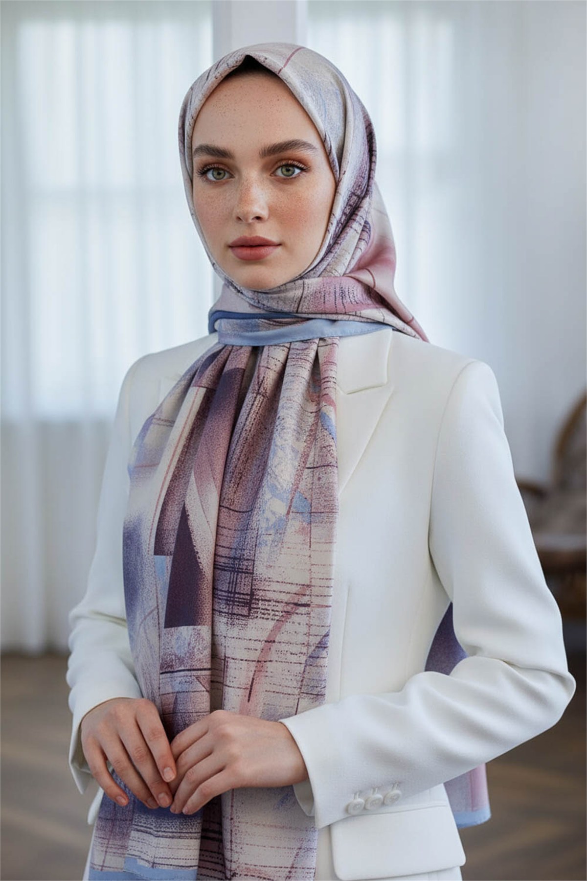 KREP GEOMETRİK DESENLİ BEBE MAVİSİ RENKLİ 75X195 KIRIŞMAZ ŞAL