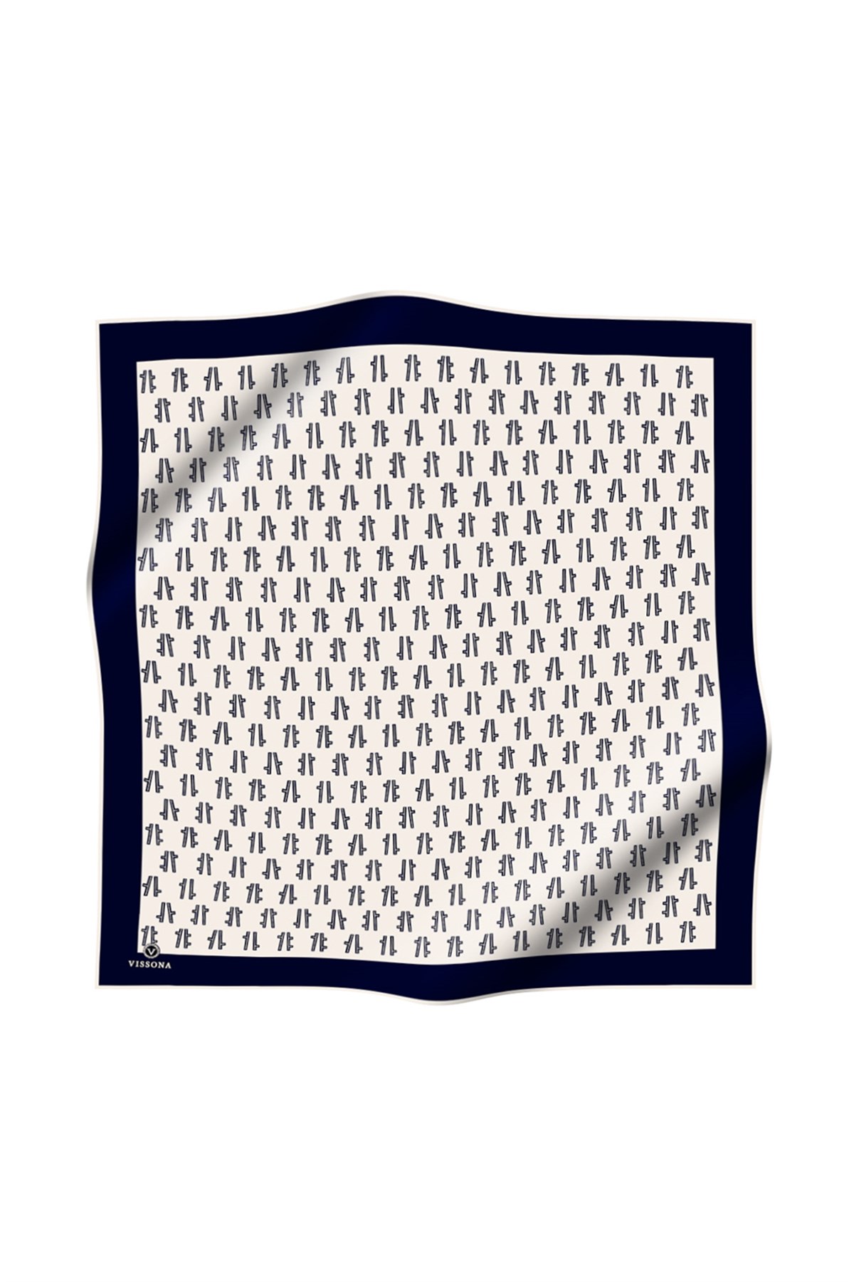 %100 Twill İpek Geometrik Desenli Krem - Lacivert Renkli 90x90 Eşarp Dikim Şekli : El Dikişi
