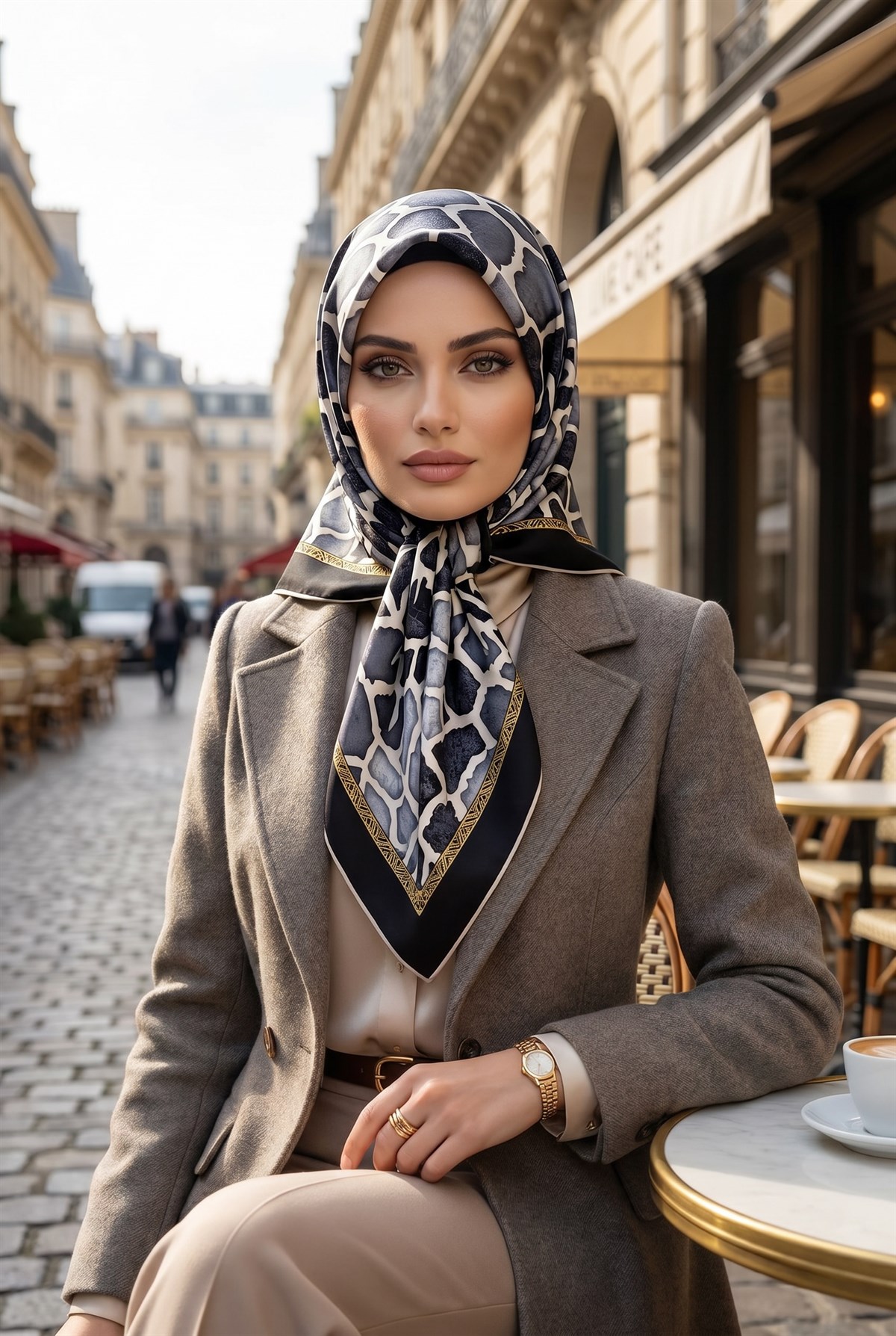 %100 Twill İpek Zürafa Desenli Siyah - Gri Renkli 90x90 Eşarp Dikim Şekli : El Dikişi