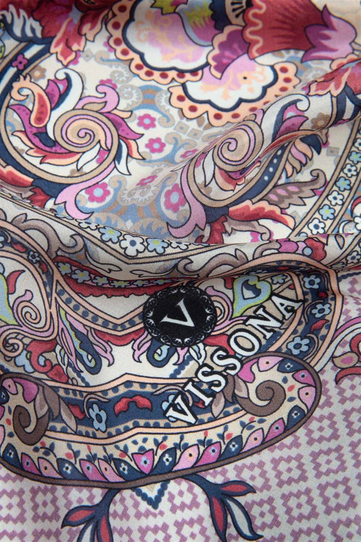 %100 İPEK ETRO DESENLİ BEJ - MÜRDÜM RENKLİ ŞAL