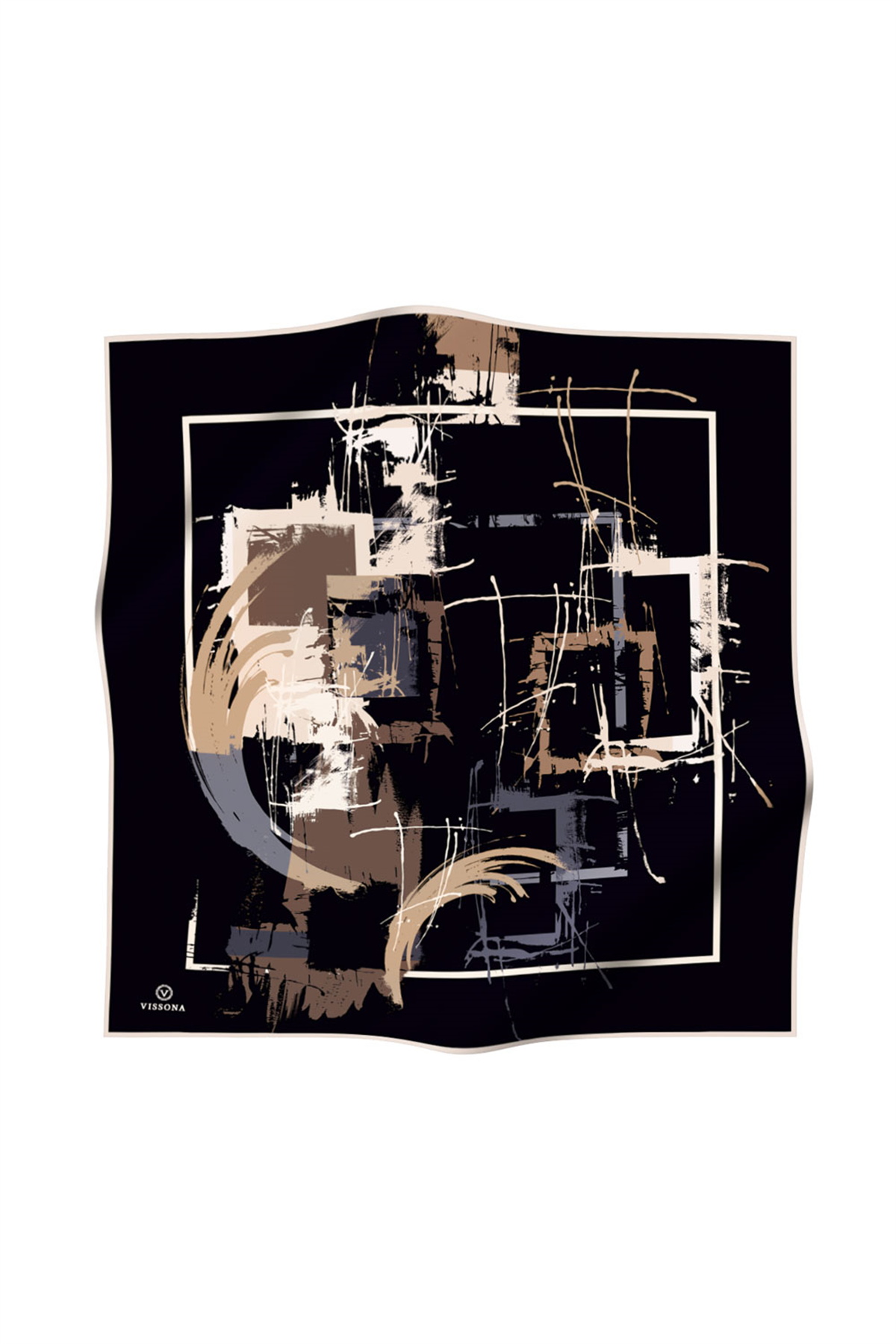 % 57 İPEK % 43 VİSKON Twill İpek Geometrik Desenli Bej - Gri Renkli 90x90 Eşarp Dikim Şekli : El Dikişi