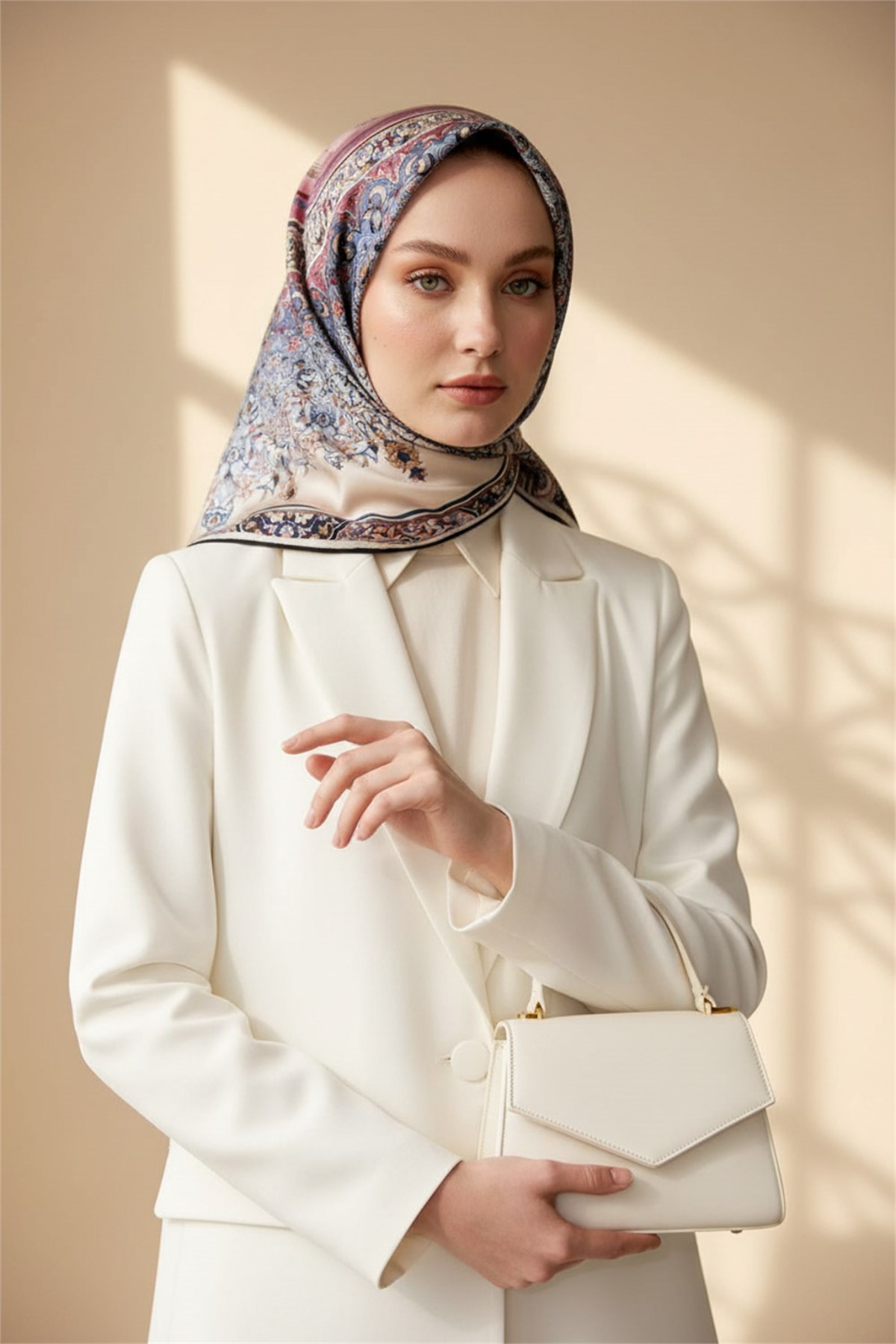 %100 Twill İpek Şal Desenli Pudra Renkli 90x90 Eşarp Dikim Şekli : El Dikişi