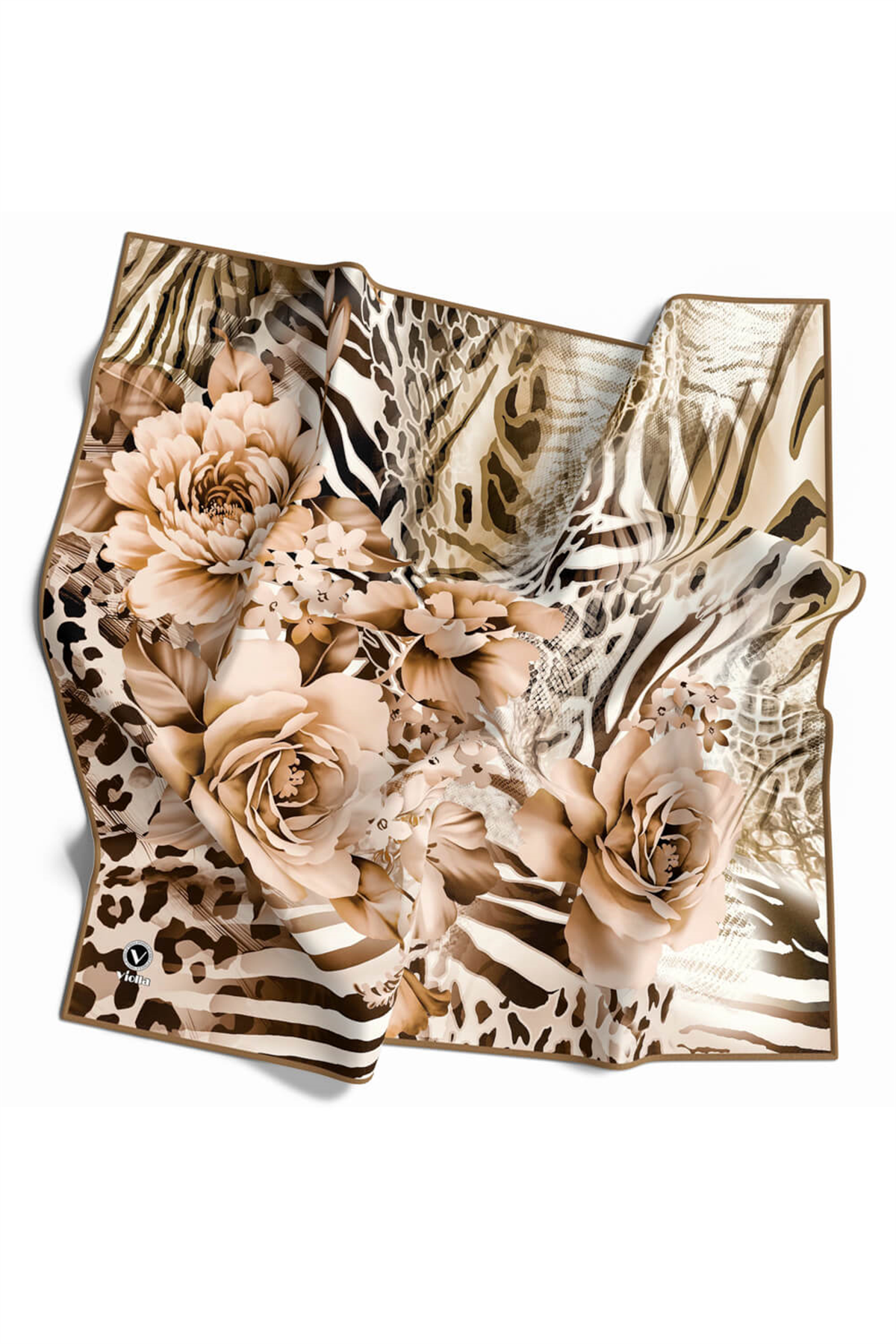 Twill Renkli Şerit Desenli Bej Renkli 90x90 Eşarp (İpek İçermez) Kenar Dikiş Şekli El Dikişli