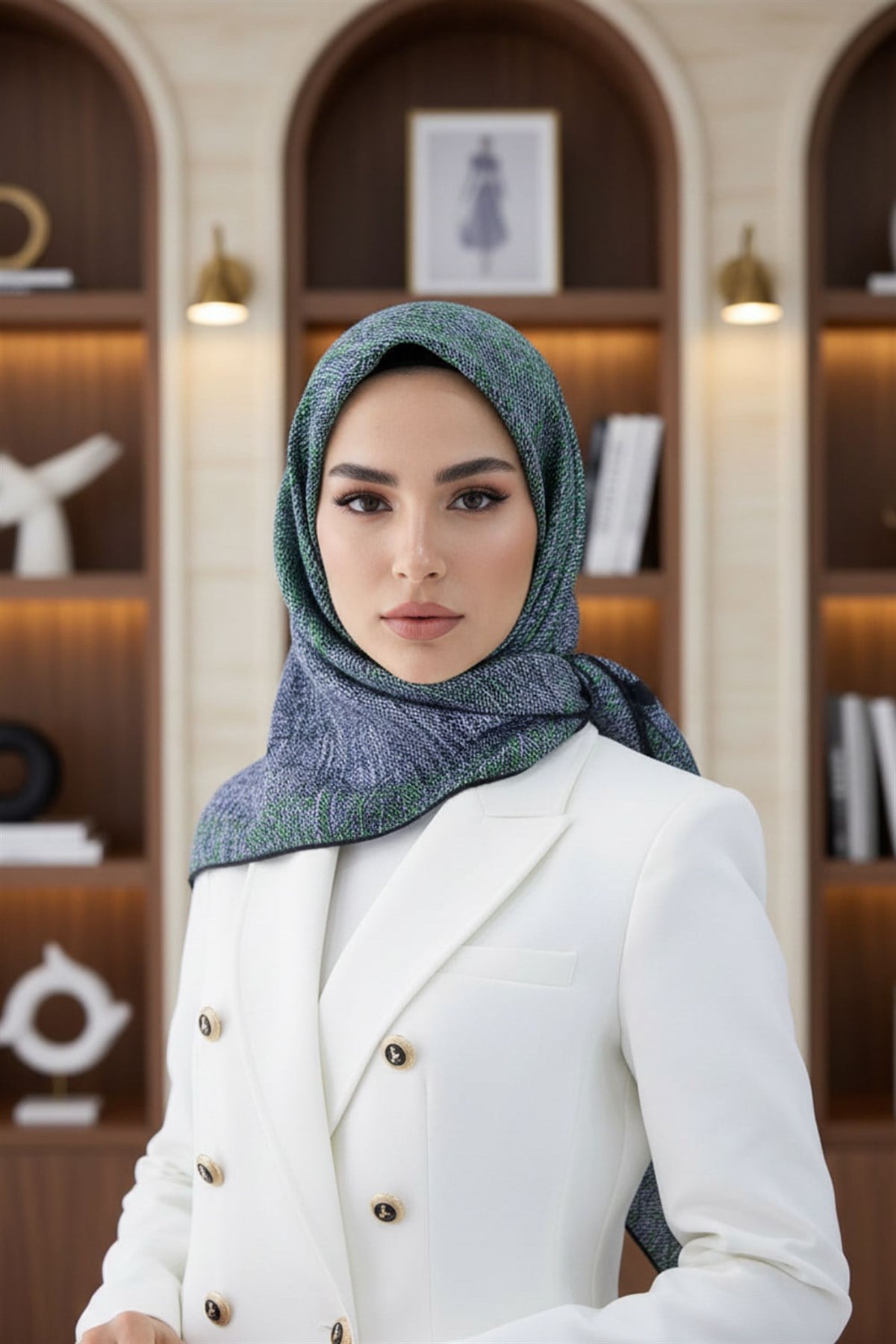 %100 Twill İpek Dokulu Desen Saks - Zümrüt Yeşili Renkli 90x90 Eşarp Kenar Dikiş Şekli El Dikişli