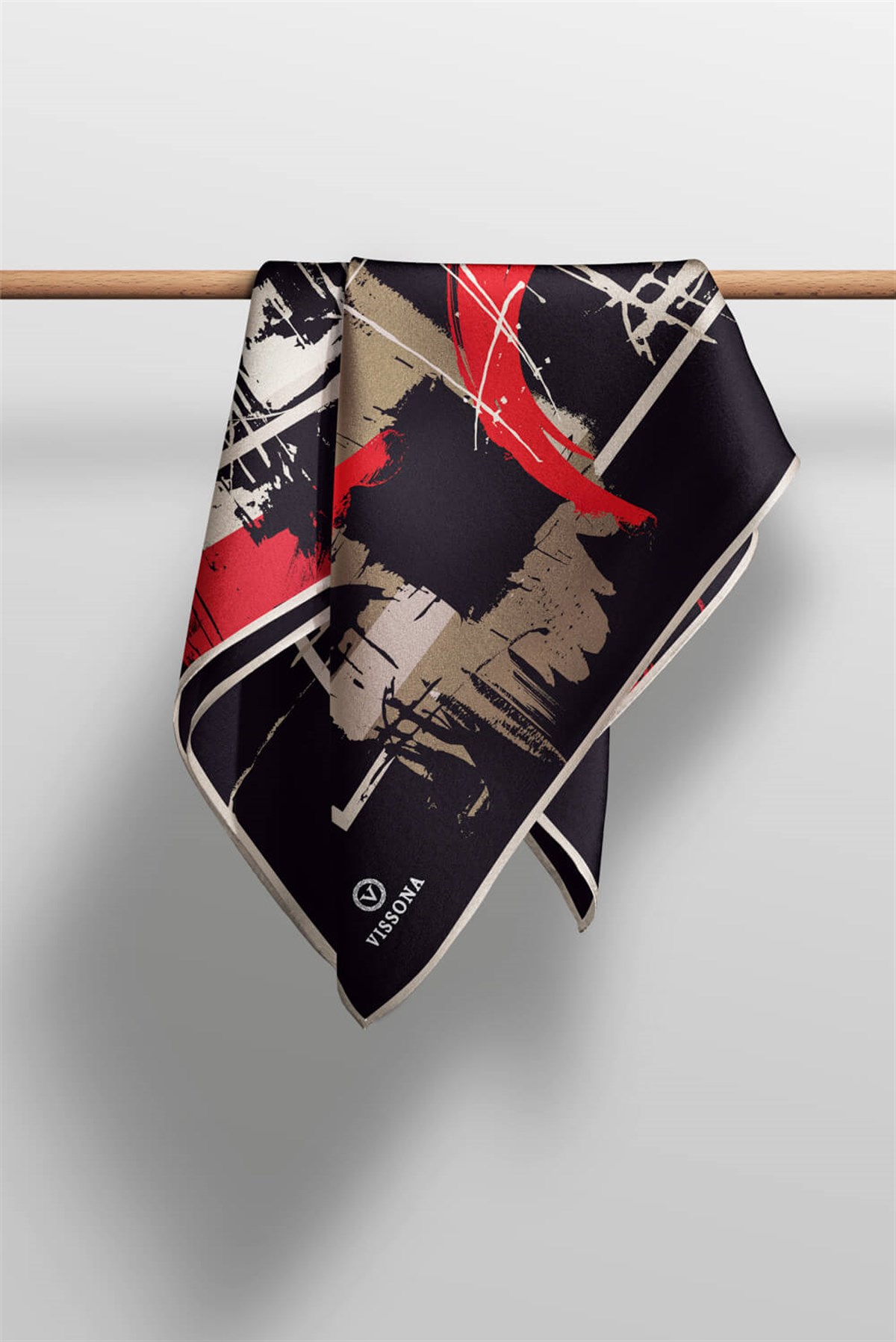%100 Twill İpek Geometrik Desenli Siyah - Kırmızı Renkli 90x90 Eşarp Dikim Şekli : El Dikişi