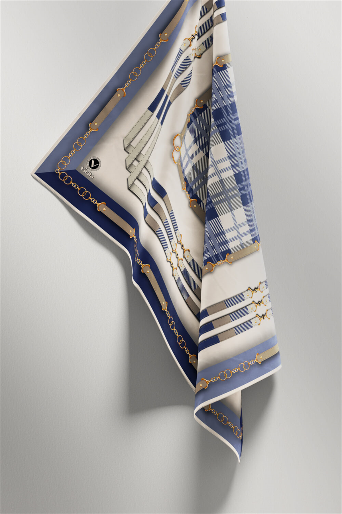 Twill Ekoseli Ve Zincir Desenli İndigo Renkli 90x90 Eşarp (İpek İçermez) Dikim Şekli : El Dikişi