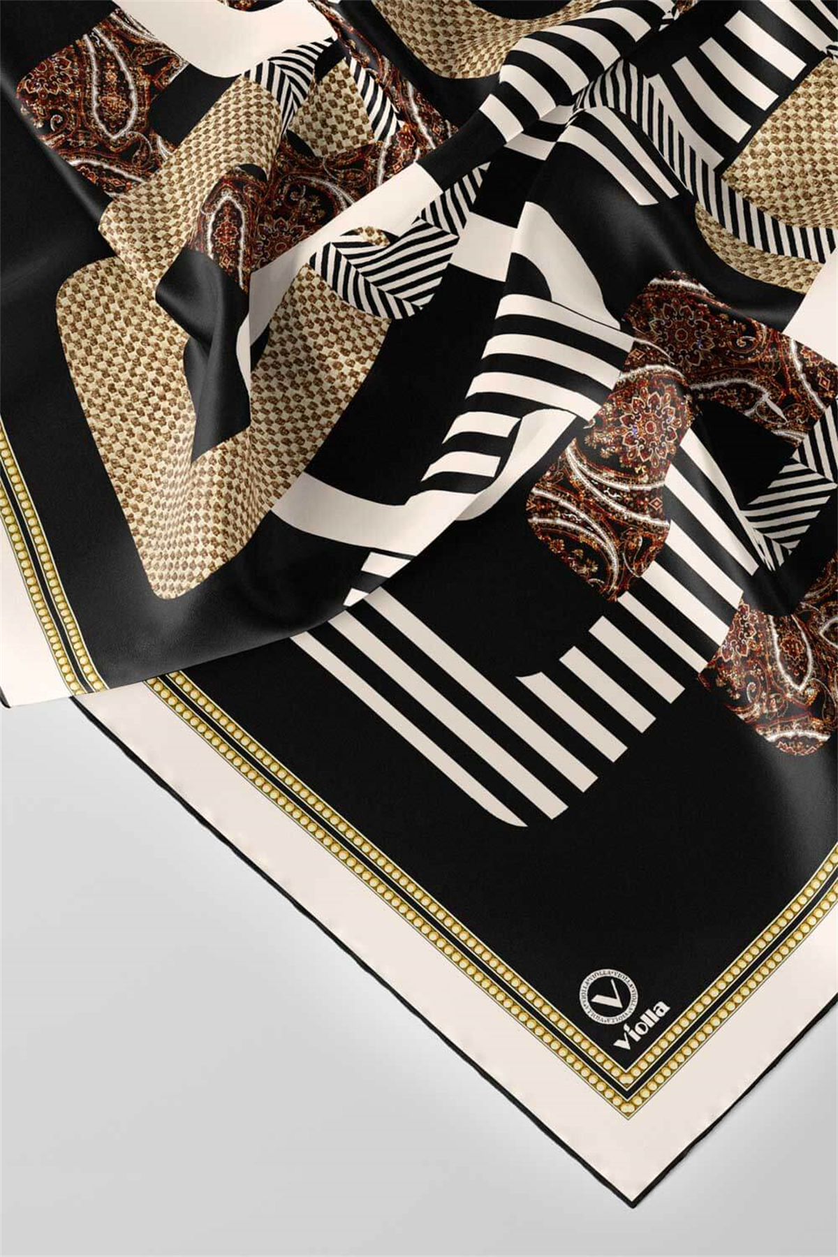 Twill Geometrik Desenli Siyah Renkli 90x90 Eşarp (İpek İçermez) Kenar Dikiş Şekli El Dikişli