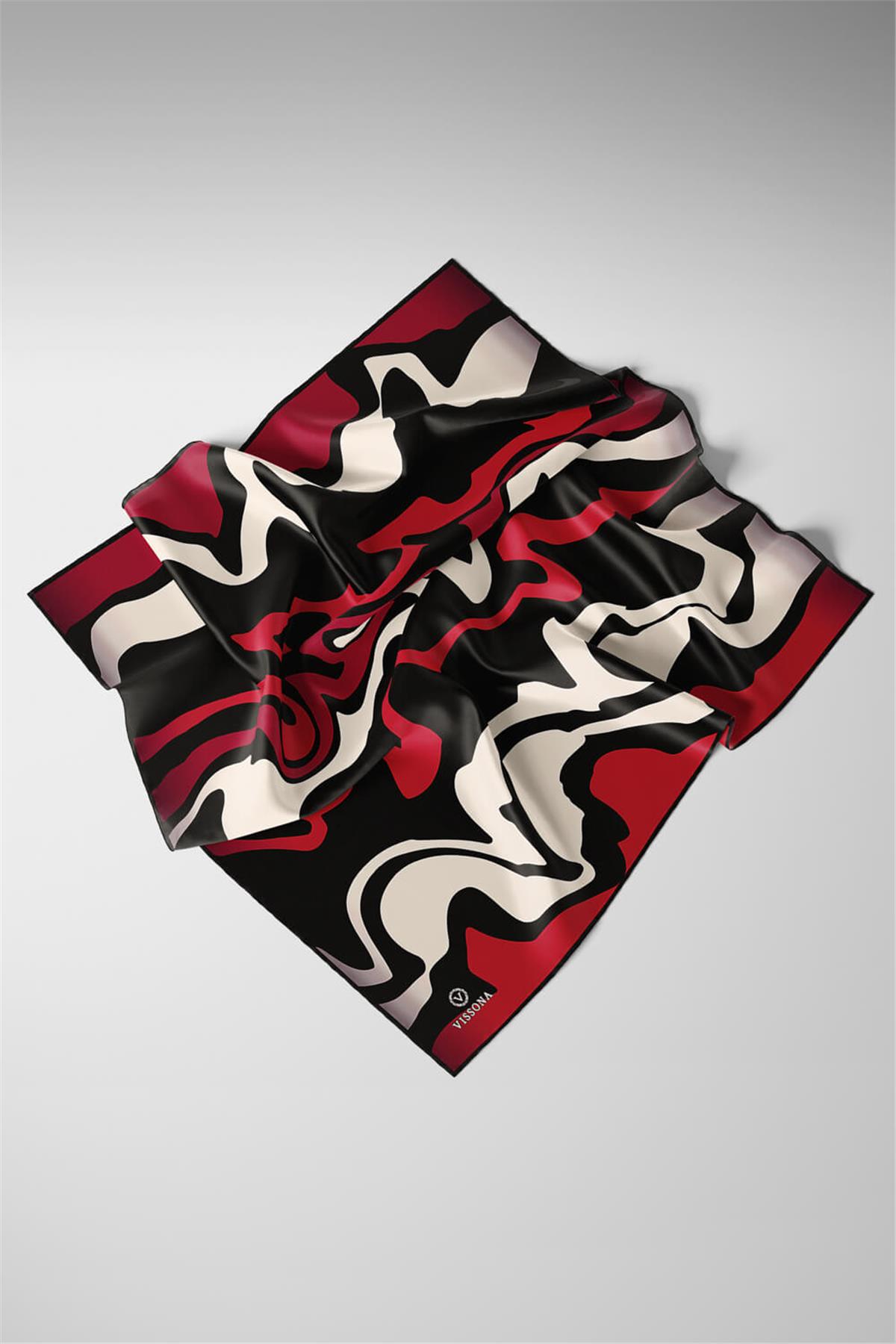 100% Twill İpek Dalga Desenli Siyah - Bordo Renkli 90x90 Dikim Şekli : El Dikişi Eşarp