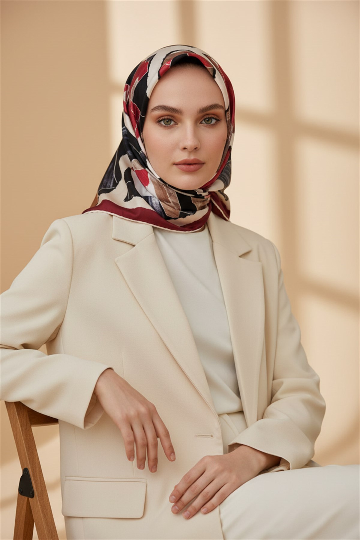 %100 Twill İpek Geometrik Desenli Bordo - Bej Renkli 90x90 Eşarp Dikim Şekli : El Dikişi