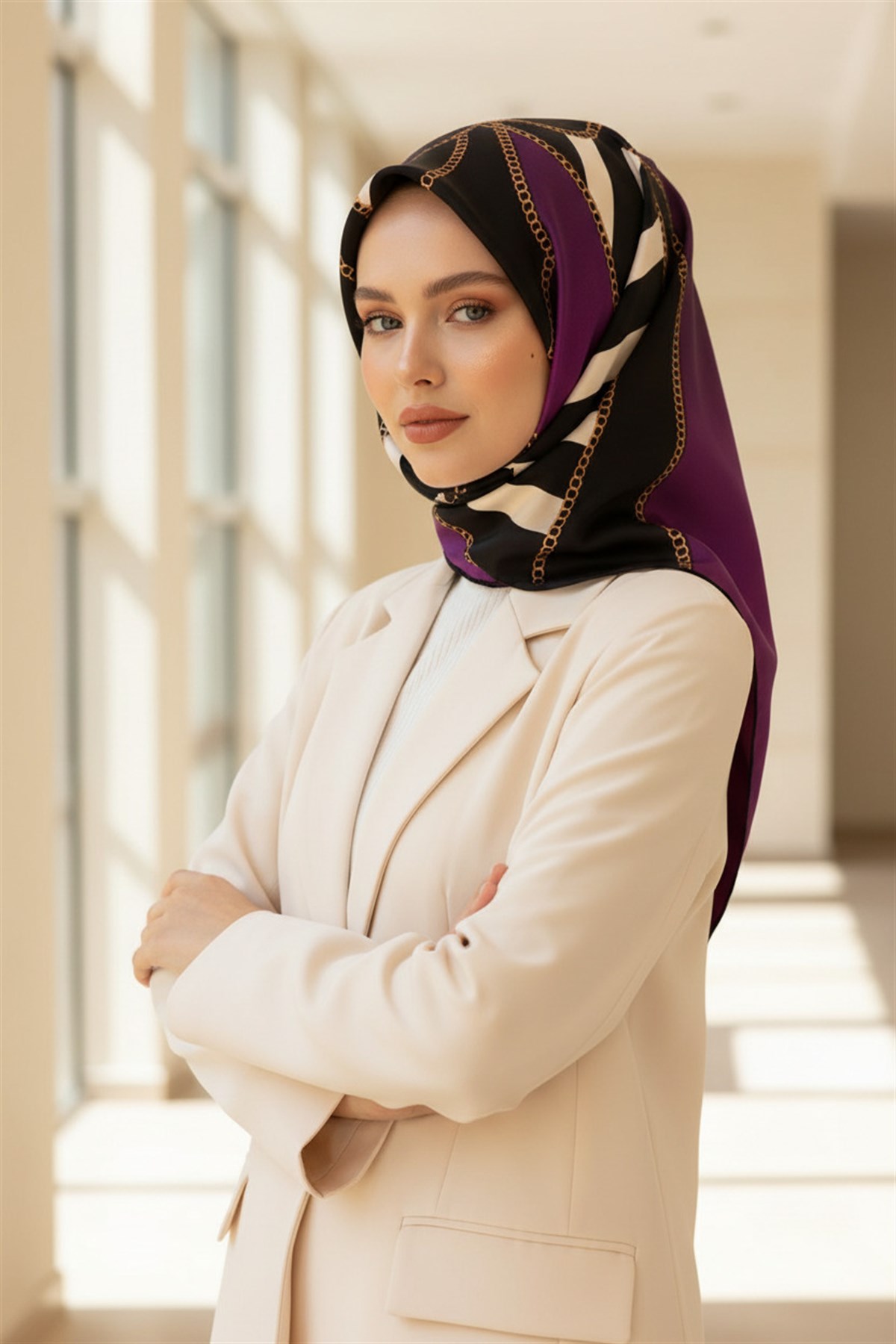 %100 Twill İpek Zincirli Çizgi Desenli Siyah - Mürdüm Renkli 90x90 Eşarp Dikim Şekli : El Dikişi