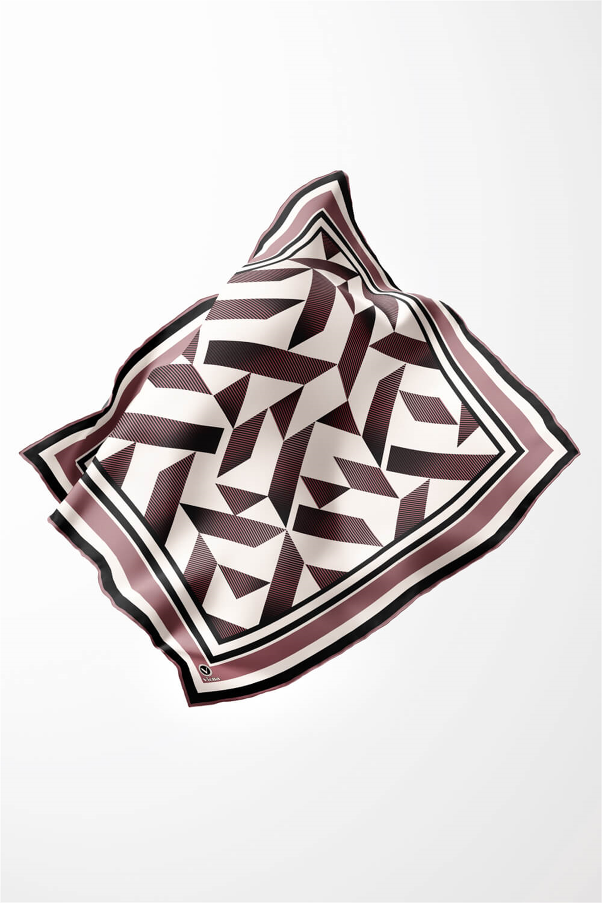 Twill Geometrik Desenli Pudra Renkli 90x90 Eşarp (İpek İçermez) Kenar Dikiş Şekli El Dikişli