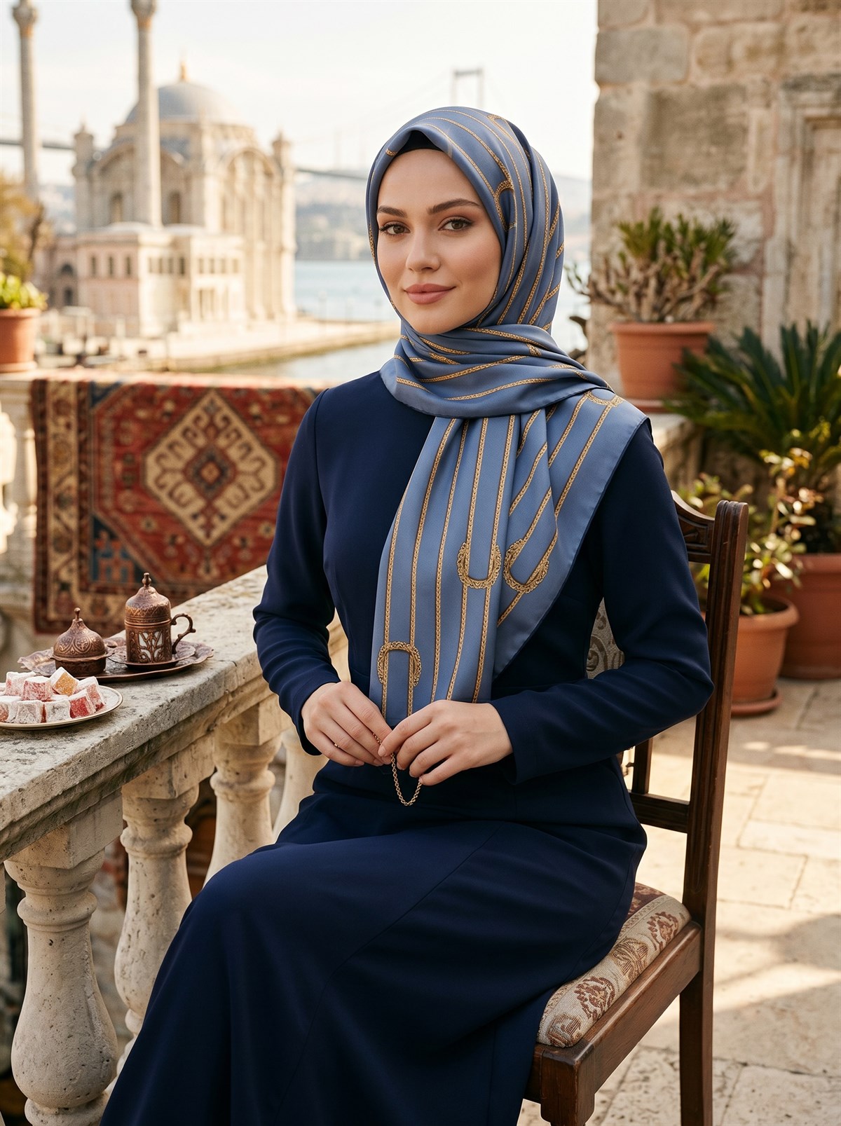 %100 Saf İpek Şal İnce Saten Vual Dokuma Kemer Desenli İndigo - Gold Renkli 90x210 Şal