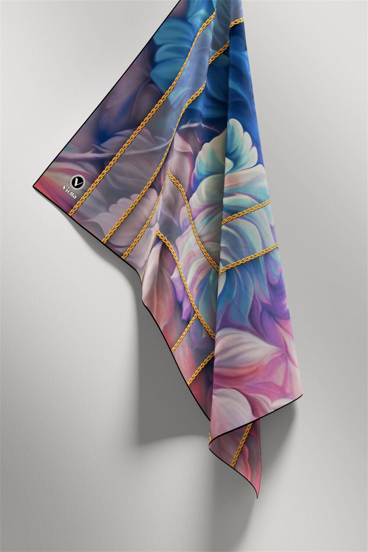Twill Gül Desenli Bebe Mavisi - Pudra Renkli 90x90 Eşarp (İpek İçermez) Kenar Dikiş Şekli El Dikişli